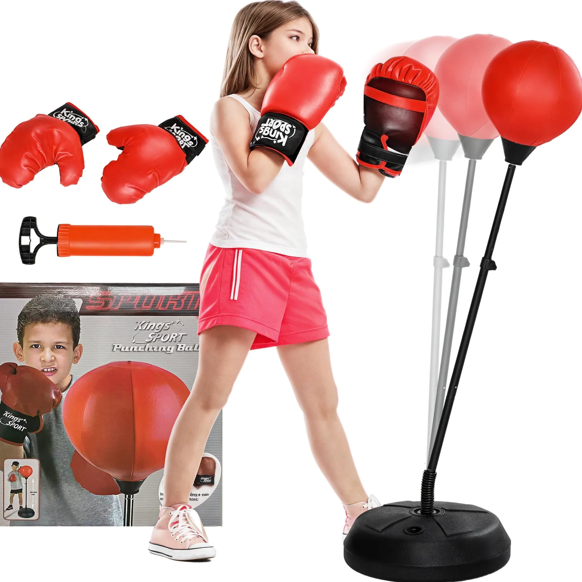 AIYAPLAY Set Punching Ball da Terra per Bambini con Guantoni, Pungiball Boxe con Altezza Regolabile da 122.5-147 cm, Età 5-10 Anni, Rosso