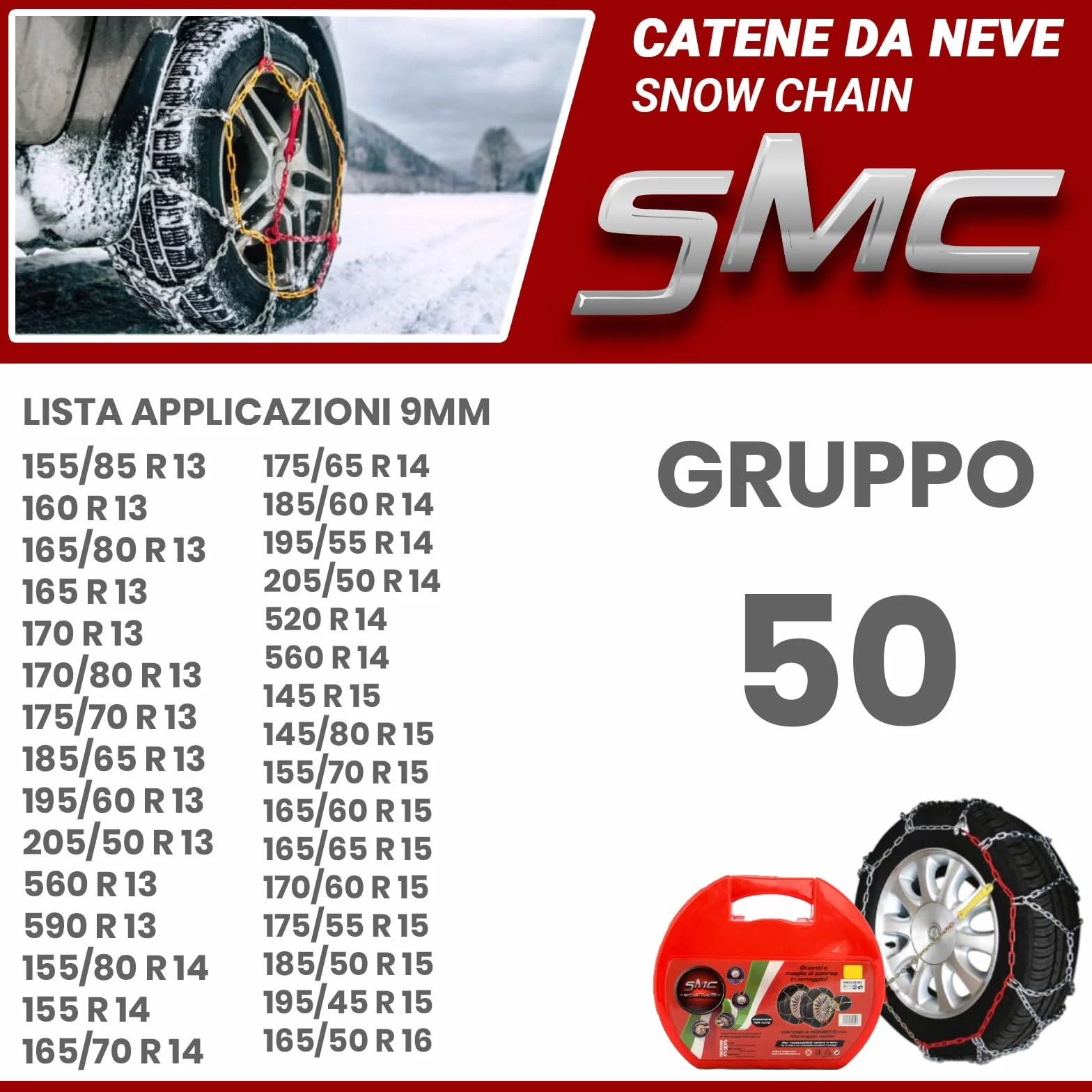 SMC Catene da Neve OMOLOGATE O-Norm TUV 9mm Pneumatici 175/65 R14