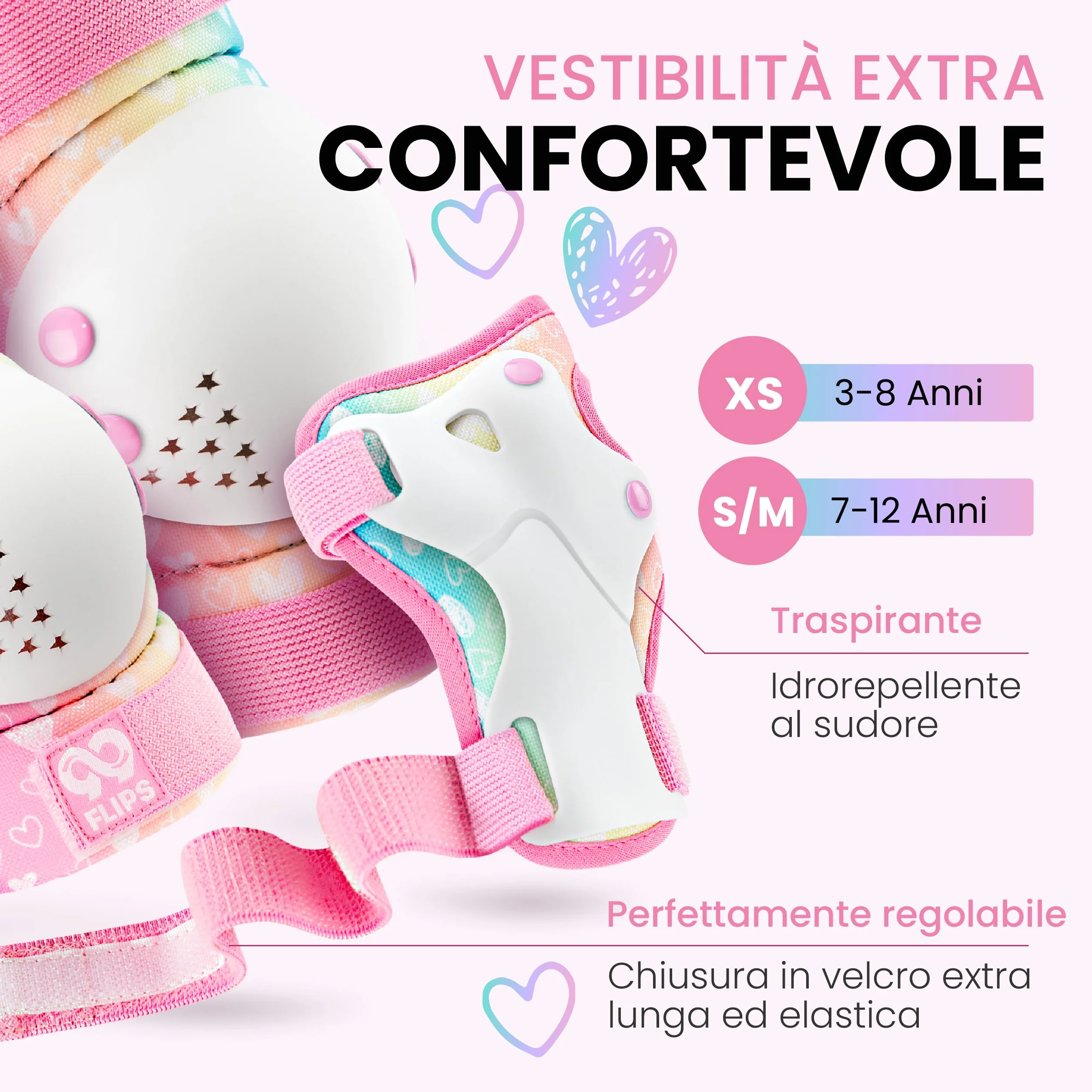 99FLIPS Protezioni Pattini Bambina 3-12 Anni Ginocchiere Gomitiere Mani Borsa Unicorno Arcobaleno