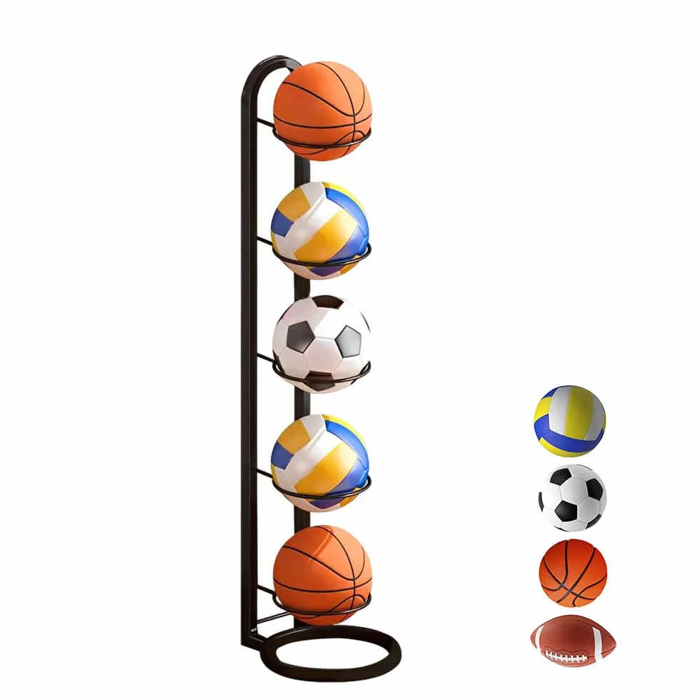 Porta Palloni a 5 Livelli Rastrelliera da Basket Verticale, Rimovibile, Nero