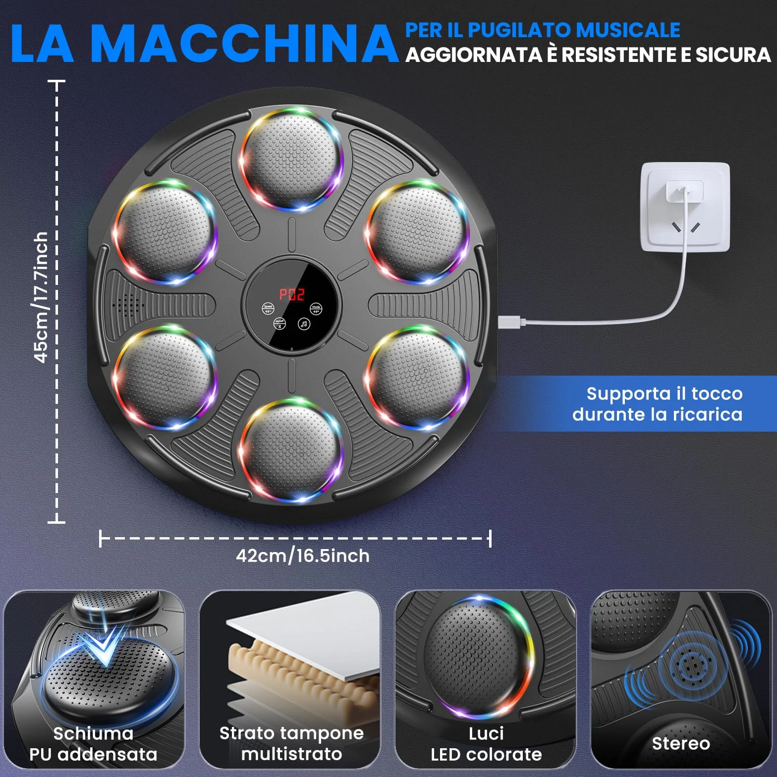 Macchina da Boxe Musicale, Extra Large Professionale a Parete con LED Dinamico et Guantone, Bluetooth Smart, Musica Elettronica a 12 velocità, per Adulti e Bambini, Interni e Palestre, Nero