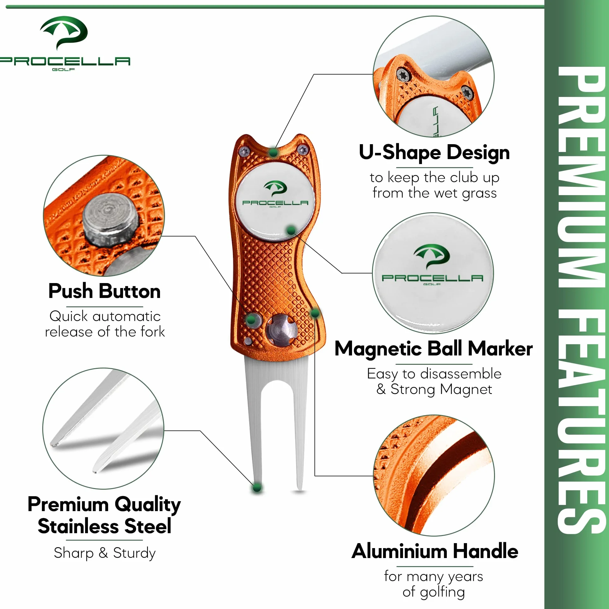 Procella Strumento di Riparazione Divot da Golf in Metallo Massiccio con Clip per Cappello