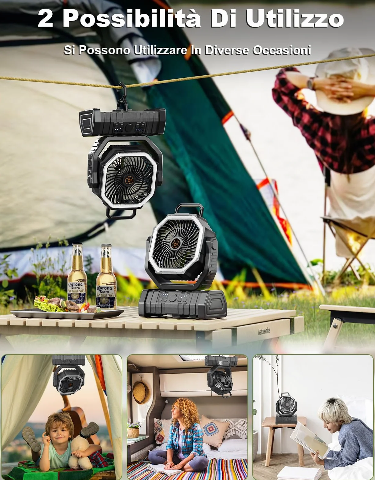 Richday 20000mAh con lanterna LED Ventilatore da campeggio Ventilatore silenzioso a 4 velocità Rotazione di 270° Ventilatore da campeggio all'aperto per uffici Tenda da camera da letto Campeggio