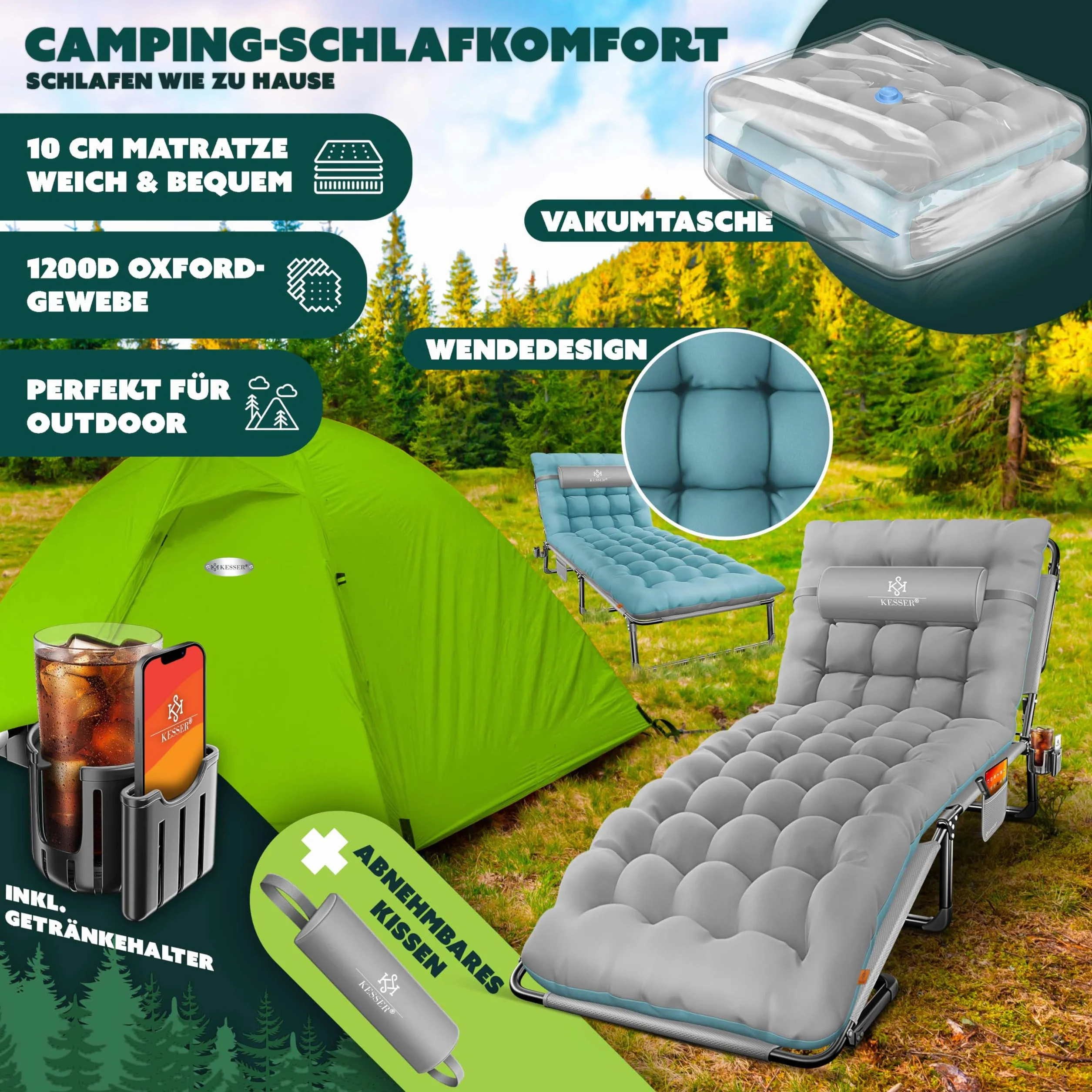 KESSER Lettino da campeggio pieghevole 190x68x30 cm portata 250 kg tessuto Oxford telaio acciaio con borsa trasporto cuscino collo