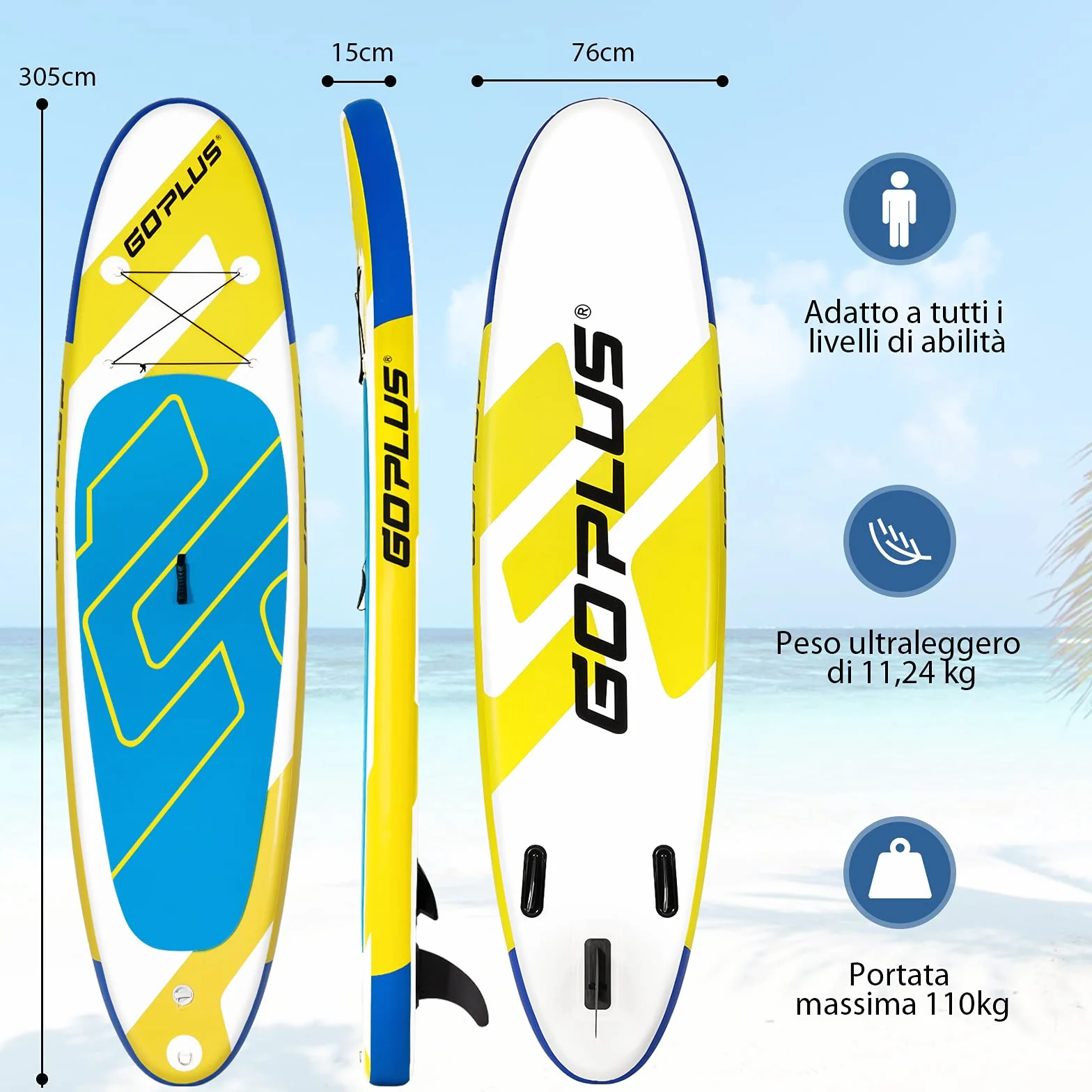 COSTWAY SUP Gonfiabile Adulti 305/335 cm, Stand Up Paddle Gonfiabile con Pinne, Leash, Pagaia, Pompa, Kit di Riparazione e Borsa, Carico Massimo 110 kg