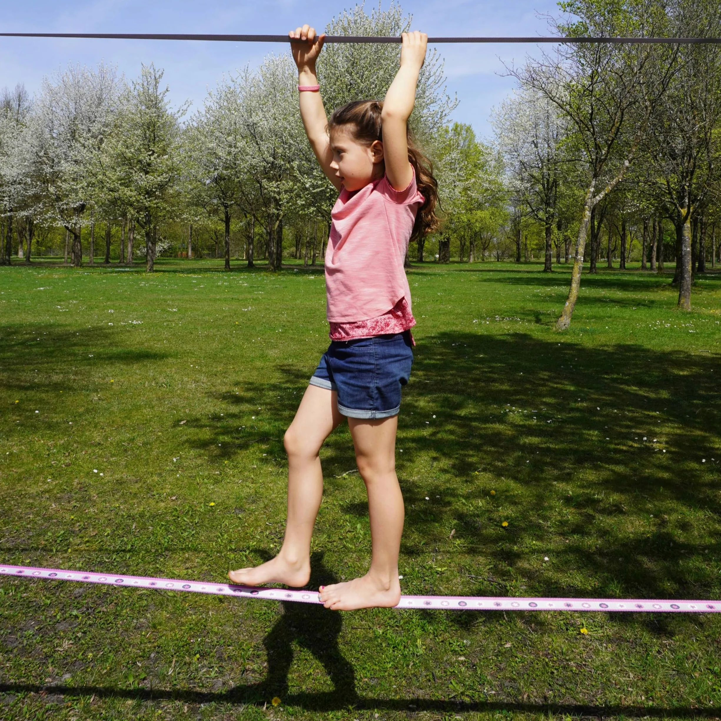 Slackline Set con stelle rosa, lunghezza 15 metri, per bambini e principianti, con corda di supporto e borsa