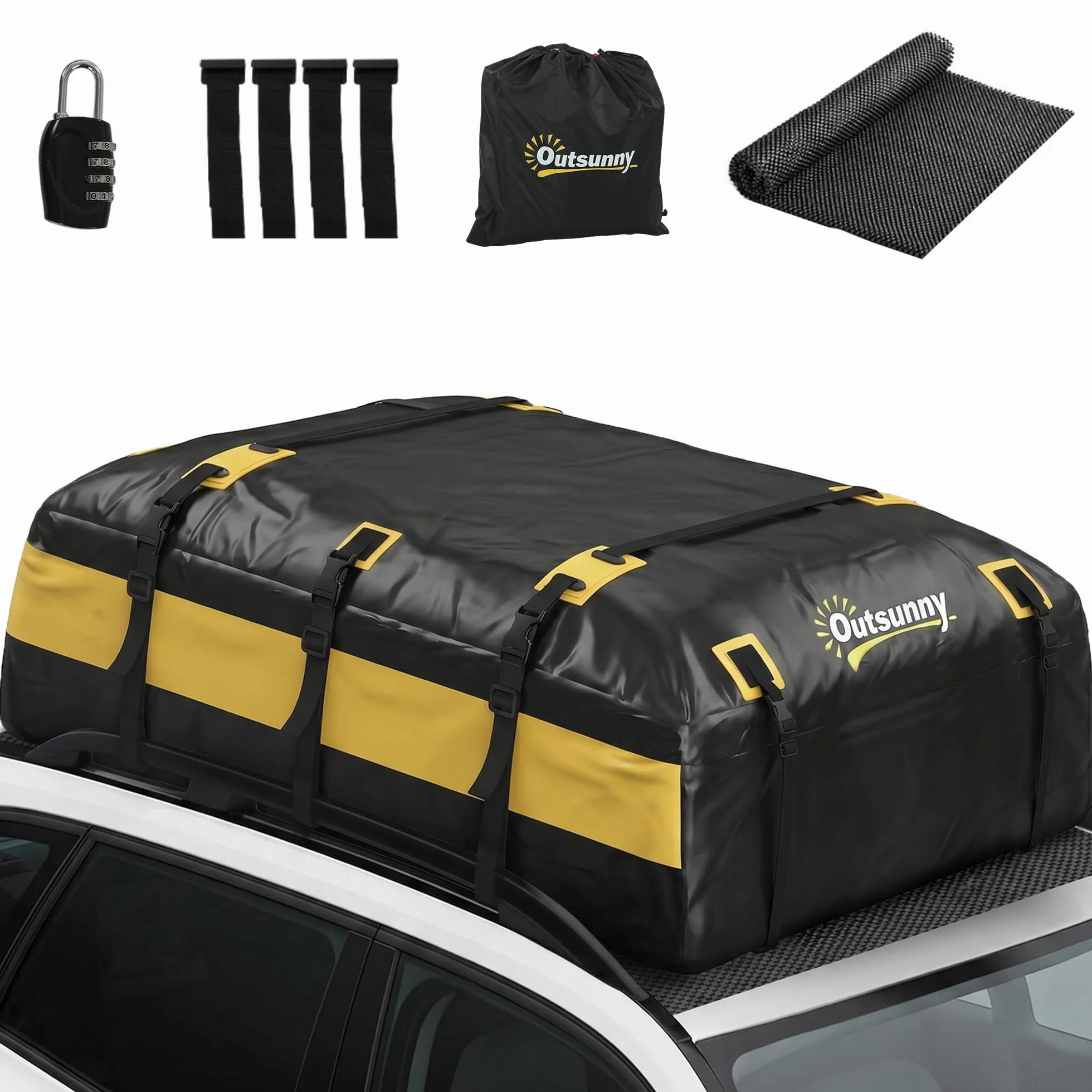 Outsunny Portabagagli da Tetto 595 Litri Impermeabile, Borsa da Tetto Auto con 6 Cinghie Rinforzate, Tappetino Antiscivolo e Ganci per Portiere, Adatto a Tutti i Veicoli con o senza Barre, Giallo