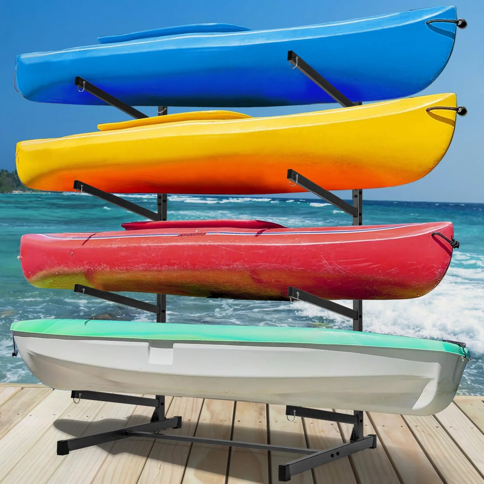 Rack di stoccaggio per kayak da esterno, autoportante, supporto per kayak, canoa, barca, tavola da SUP, tavola da surf per interni ed esterni, garage, capannone, banchina, 4 livelli