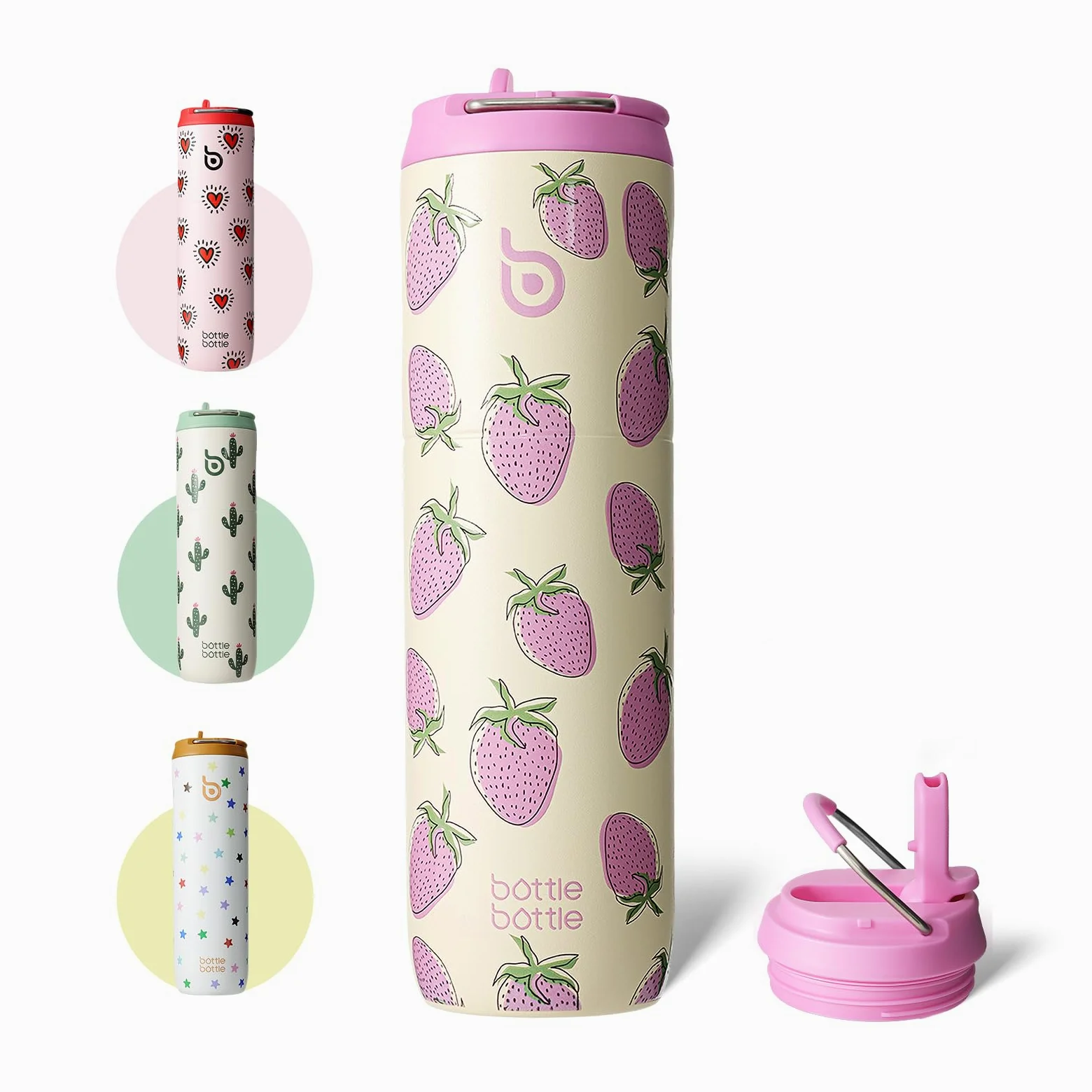 BOTTLE BOTTLE Borraccia termica da 680,4 g, con coperchio e manico, per sport, viaggi, palestra, in acciaio inox, a doppia parete, sottovuoto, in metallo, a prova di perdite, priva di BPA (fragola)