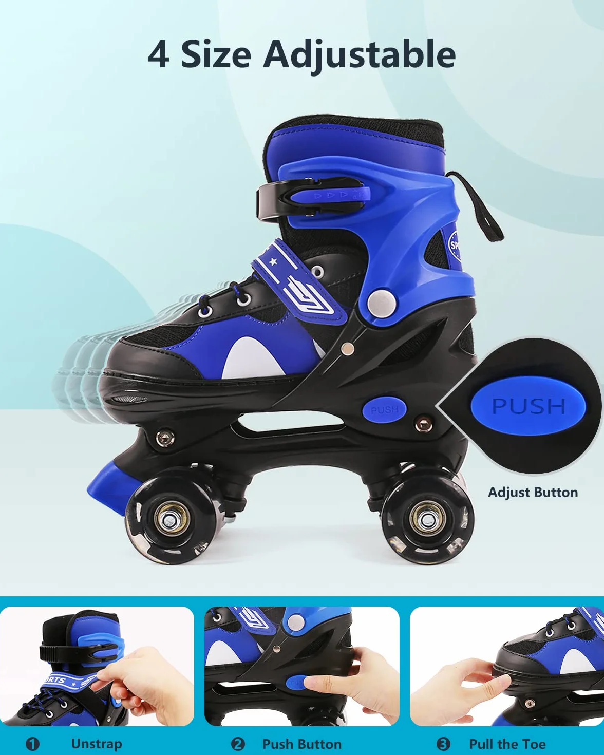 Pattini a Rotelle Bambina Regolabili, 4 Ruote LED, Blu