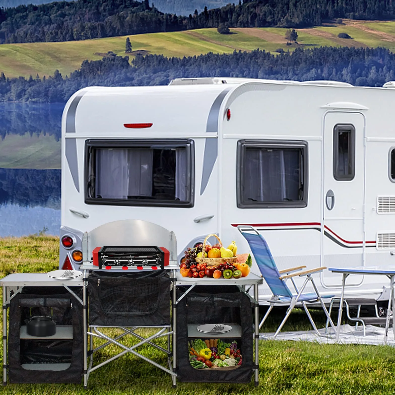 Cucina da campeggio con paraspruzzi e borsa trasporto, armadio pieghevole telaio alluminio, outdoor
