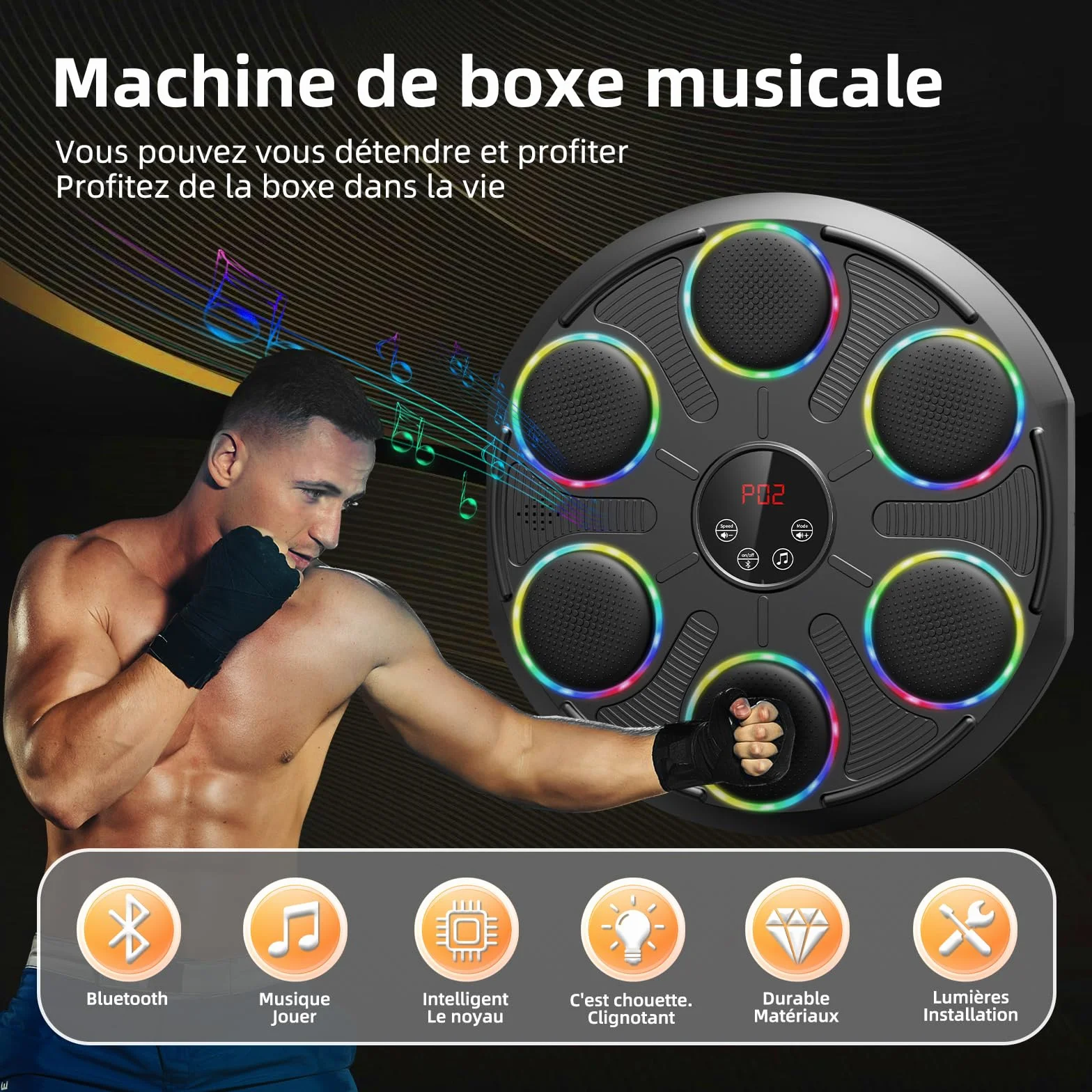 HotHands Macchina da Boxe Musicale, Extra Large a Parete Professionale a LED Dinamico a Colori Bluetooth Smart con Musica Elettronica a 12 velocità per Bambini e Adulti per Casa, Interni e Palestre