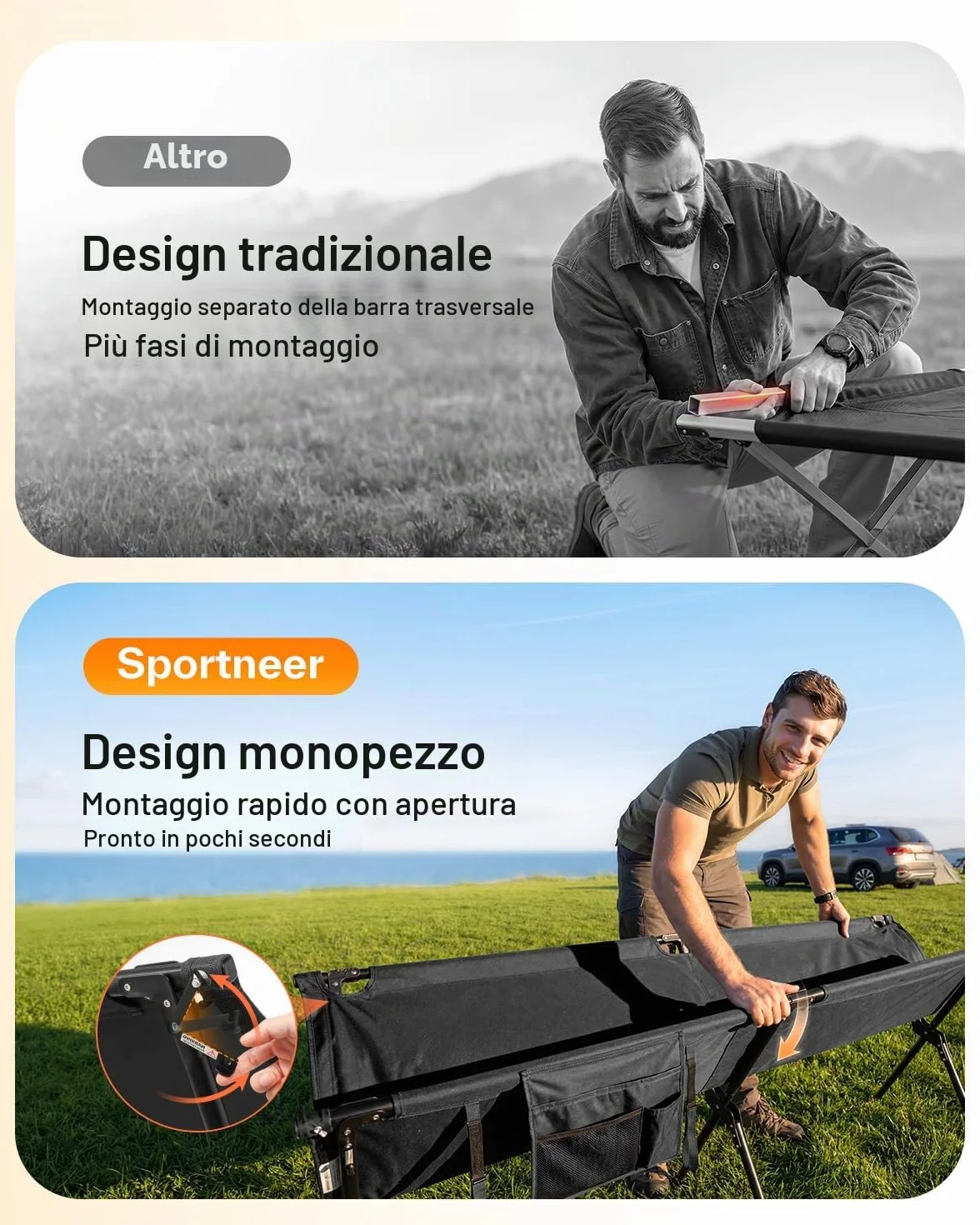 Sportneer Lettino da campeggio pieghevole portatile 198,9 x 72,9 x 37,1 cm per adulti