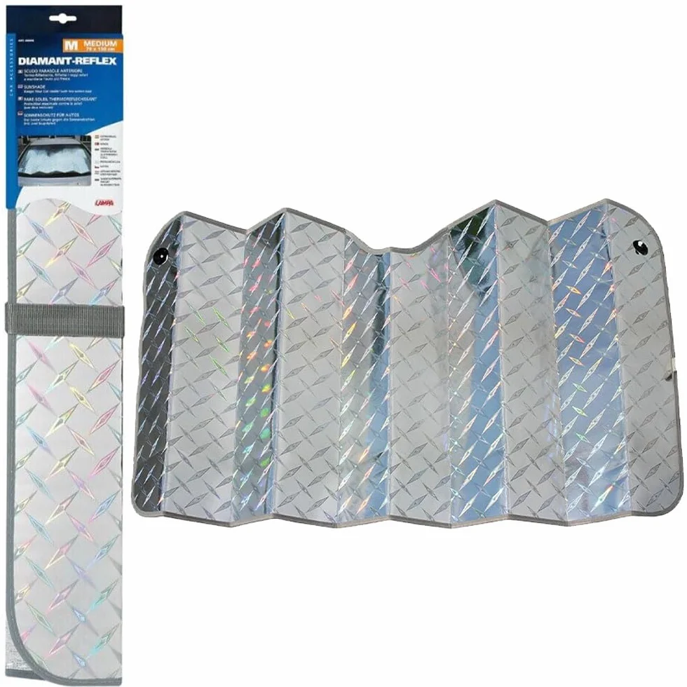 LAMPA 66846 PARASOLE SCUDO TERMICO PER PARABREZZA 130 X 70 (TAGLIA M) SPECIFICO PER AUTO E VEICOLI COMMERCIALI. MULTI STRATO TERMORIFLETTENTE CON ISOLAMENTO CENTRALE IN SCHIUMA ATERMICA DA 3 MM.