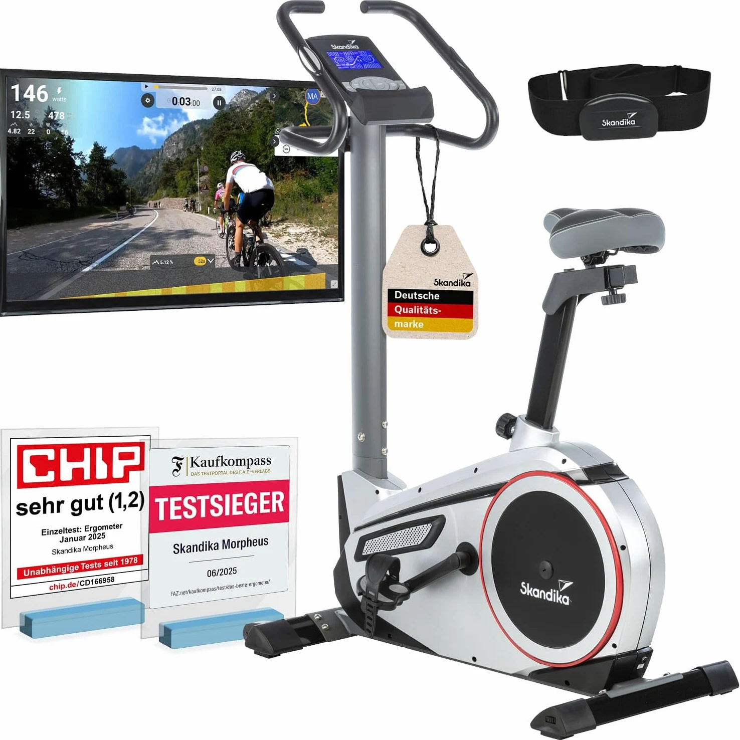 Skandika Ergometro Morpheus | home trainer, sistema di massa volanica da 12 kg, 32 livelli, 24 programmi, applicazione compatibile con Kinomap, cintura per la frequenza cardiaca, supporto per tablet, fino a 150 kg