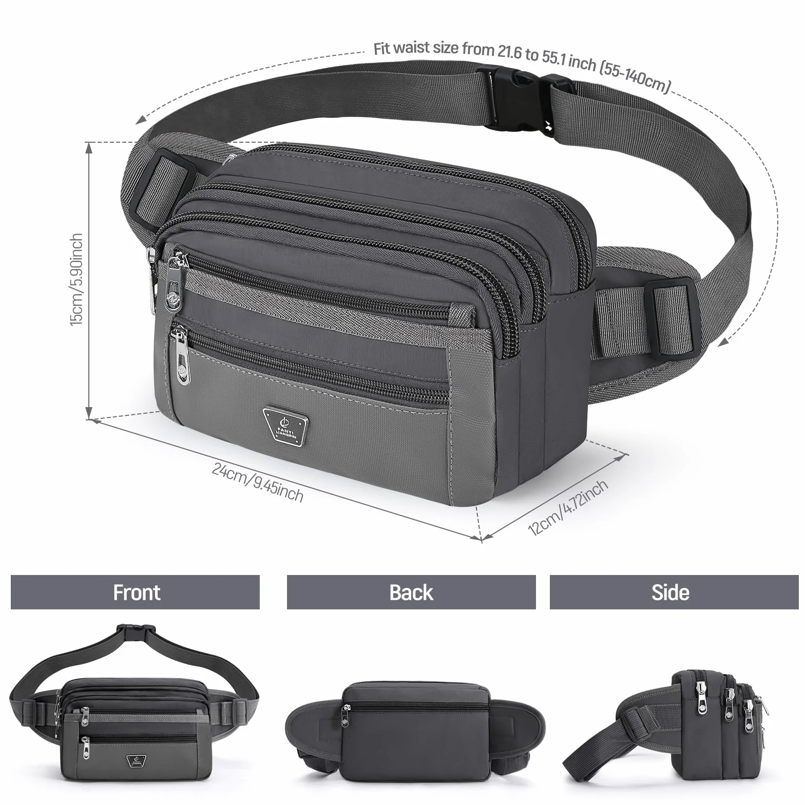 Marsupio Sportivo Uomo Donna con Tracolla Regolabile 7 Zip Tasche Corsa Ciclismo Grigio