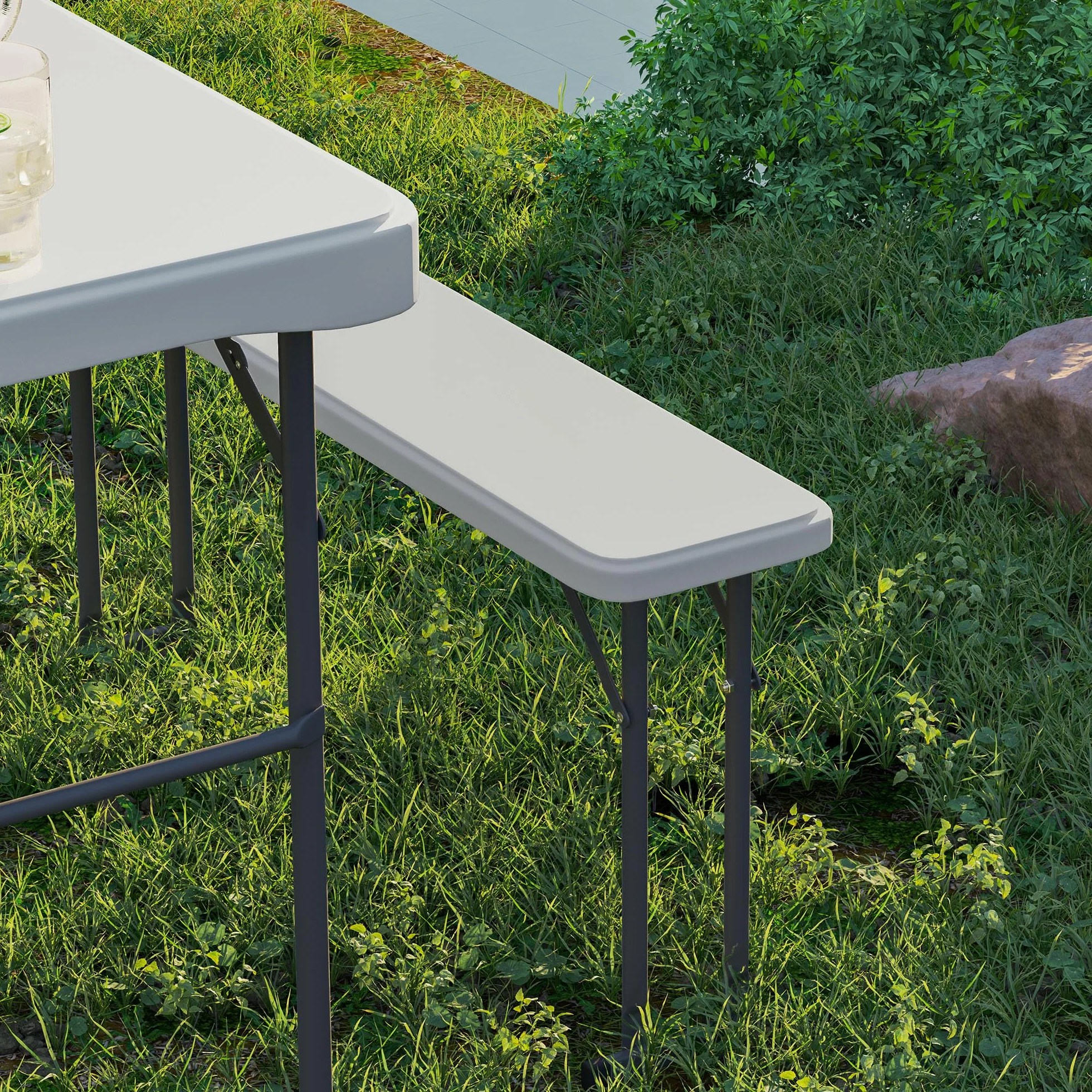 Outsunny Set tavolo pieghevole e panche da picnic 113 cm, grigio chiaro