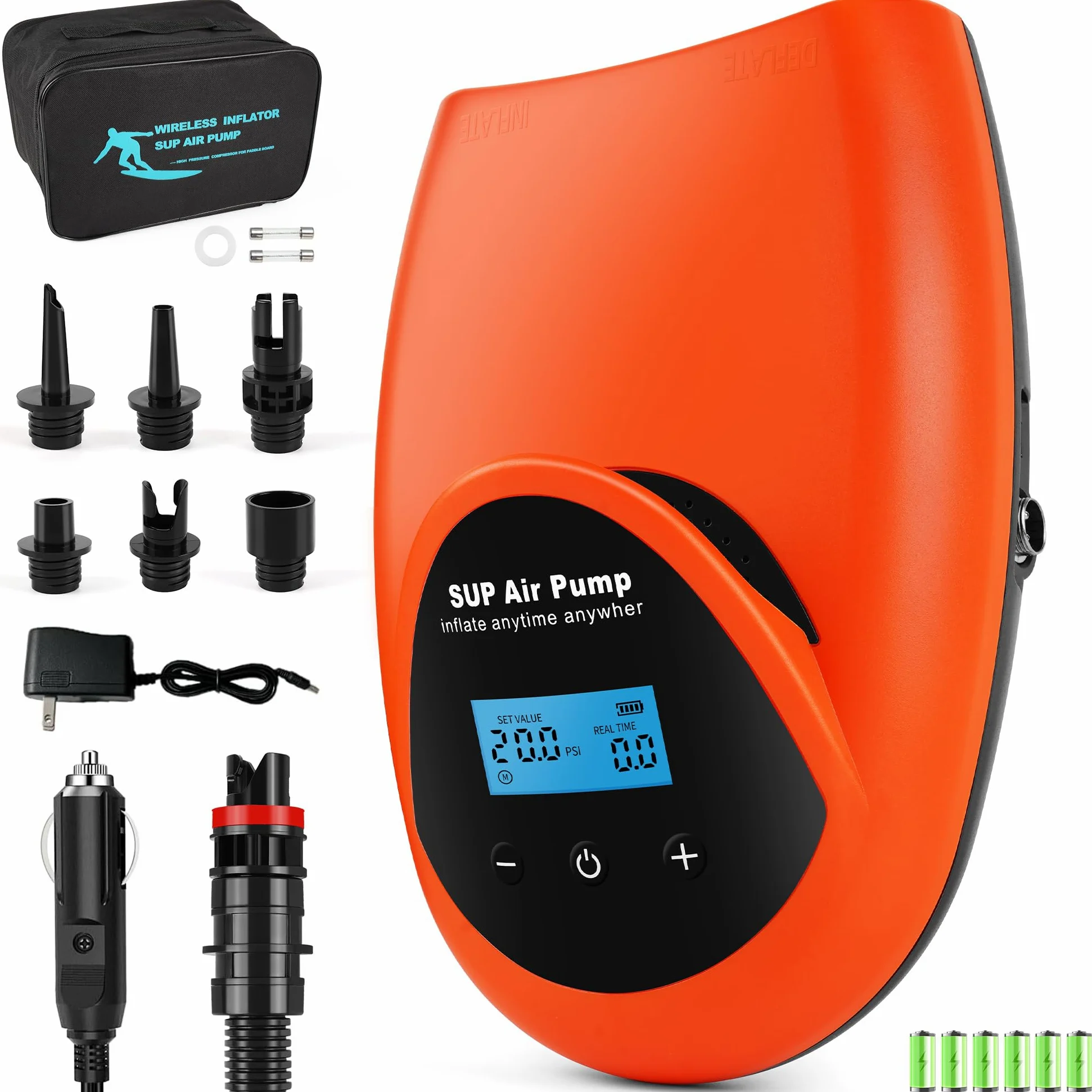 TONSIM Pompa Elettrica SUP Ricaricabile 20 PSI – Alta Pressione, Gonfiaggio e Sgonfiaggio Rapido, Batteria Integrata e Adattatore 12V DC per Auto – Perfetta per SUP, Kayak, Gommoni, Campeggio