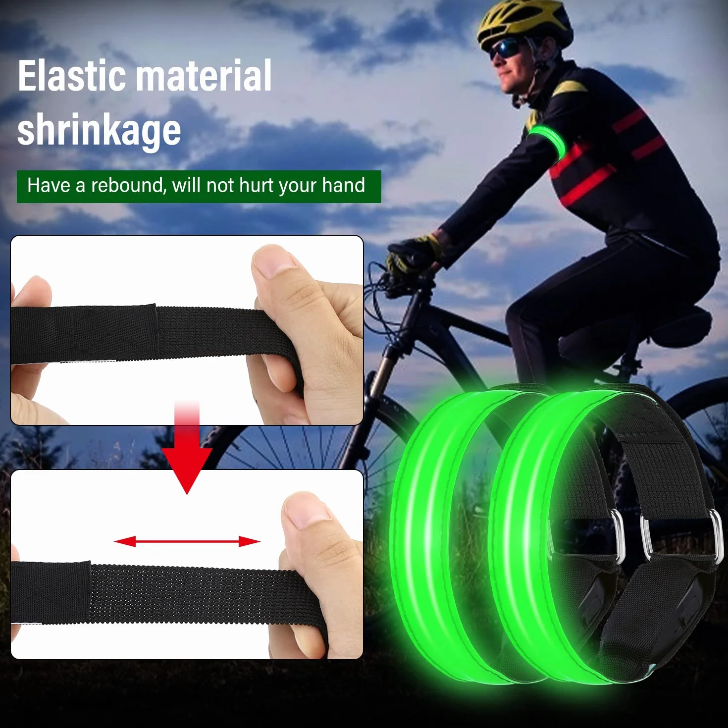 Bande Catarifrangenti LED Braccialetto Ricaricabile USB 3 Modalità Illuminazione Fascia Braccio Sicurezza Alta Visibilità per Running Bici Corsa Notturna (Verde)