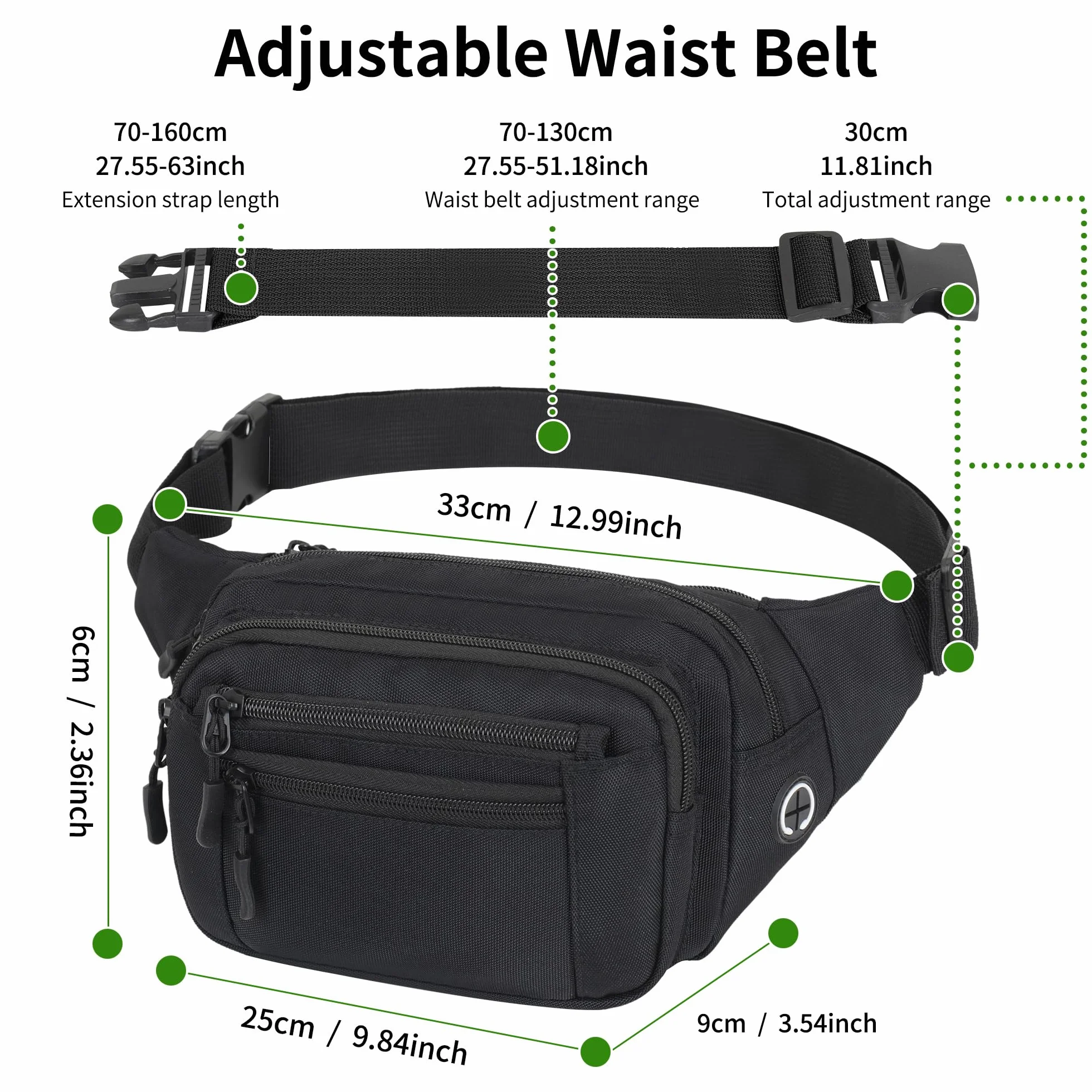 Marsupio Uomo Donna Sportivo Impermeabile Cintura Regolabile 30 cm 6 Tasche Cerniera Outdoor Passeggiate Escursionismo Trekking Ciclismo Viaggio