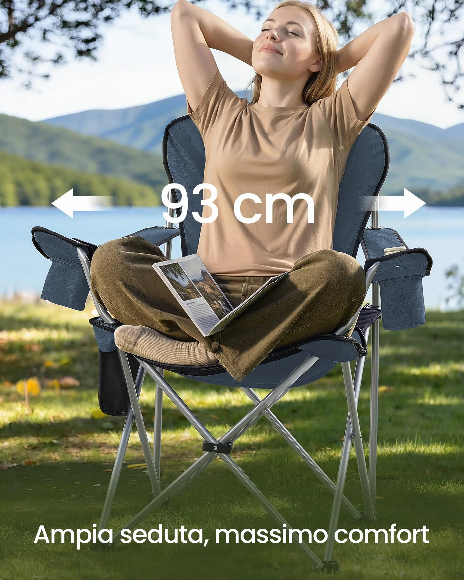 SONGMICS Sedia da Campeggio Pieghevole Portatile Seduta Ampia Schienale Alto Blu Grigio GCB005QE01