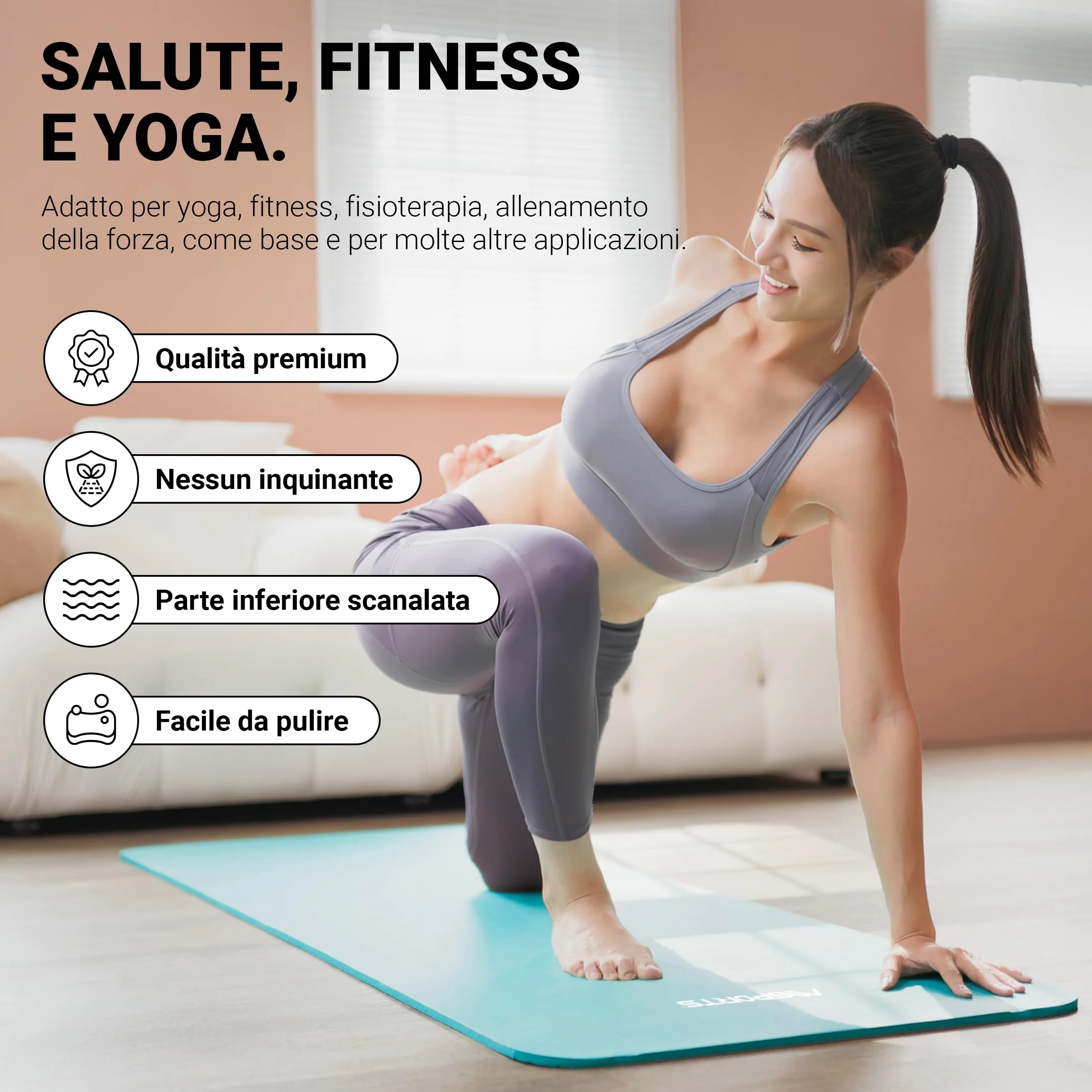 MSPORTS Tappetino Fitness Yoga Premium antiscivolo Mat da Ginnastica vari formati colori