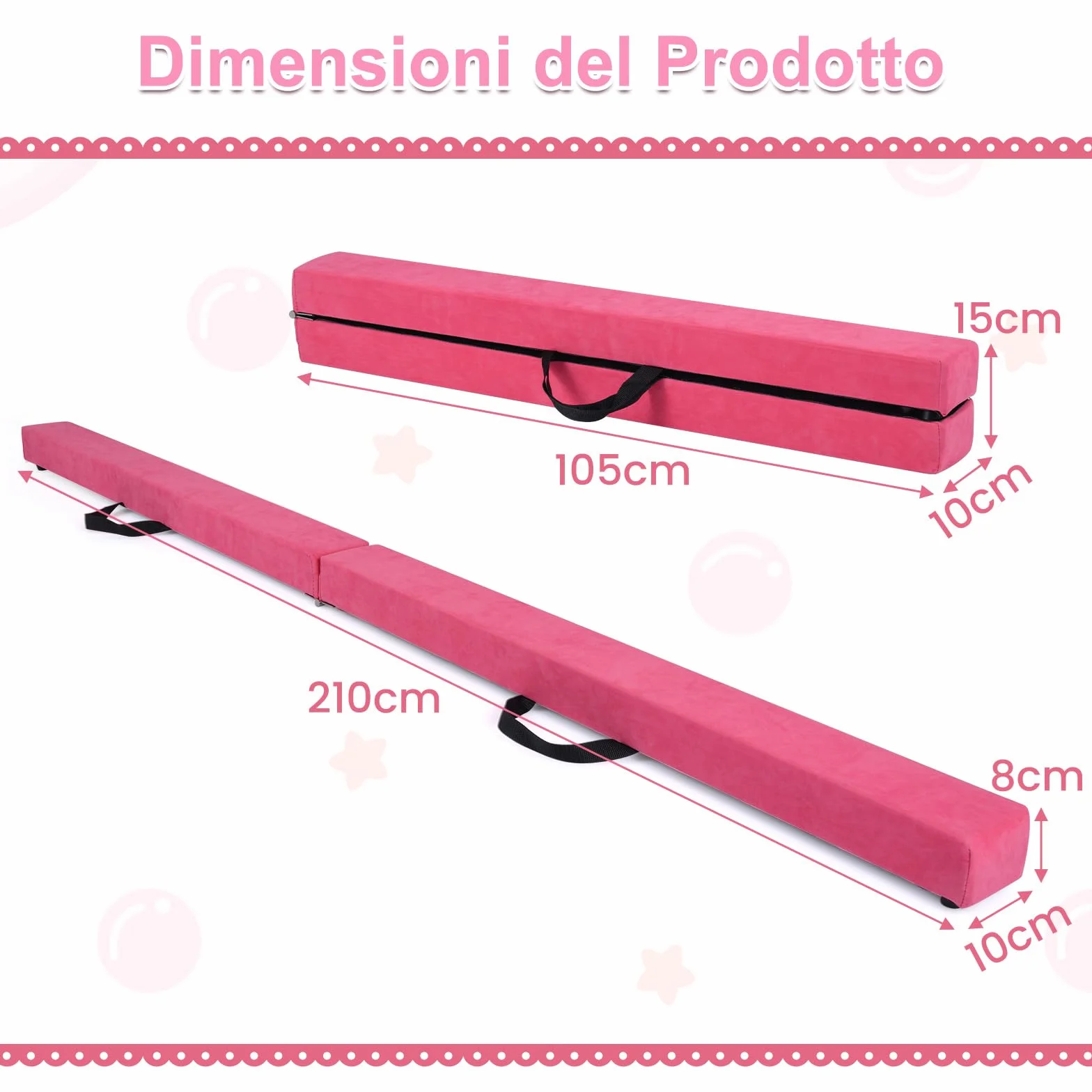 COSTWAY Trave Ginnastica Artistica Pieghevole per Bambini 210-270 cm, Base in Legno Antiscivolo