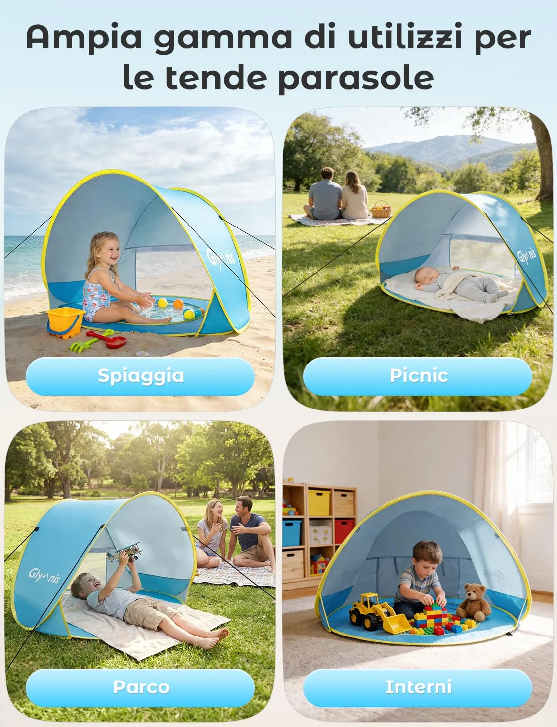 Glymnis Tenda da Spiaggia Bambini Tenda Bambini Pop Up con Mini Piscina Tenda per Neonati Pieghevole Portatile Protezione Solare UPF 50+, Blu