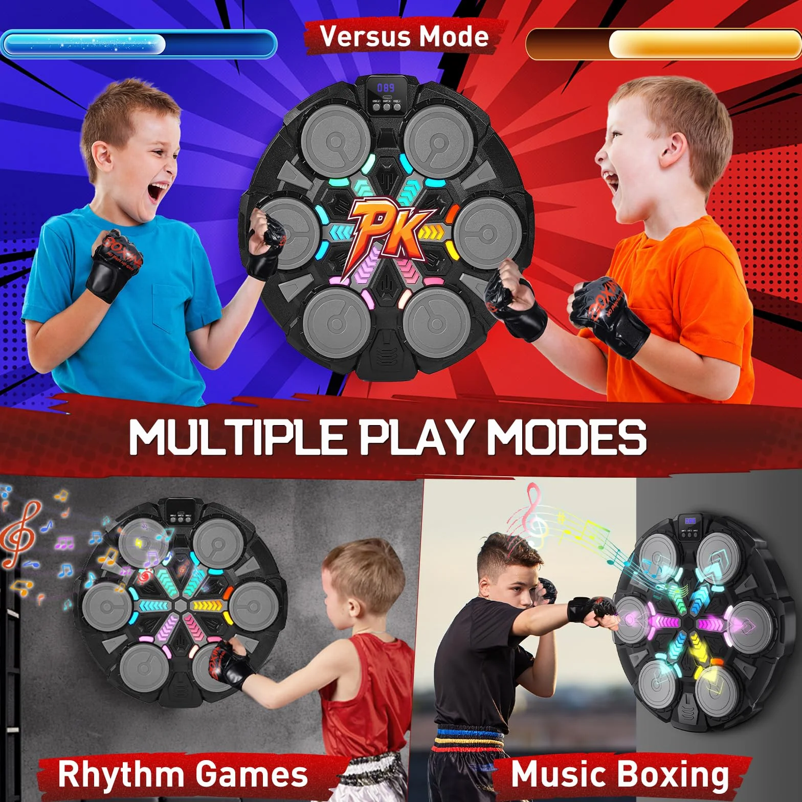 Music Boxing Machine, Macchina da Boxe Musicale da Parete con Guantoni, Luci e Ritmo, 3 modalità e 6 velocità Regolabili, Set da Boxe per Bambini e Adulti