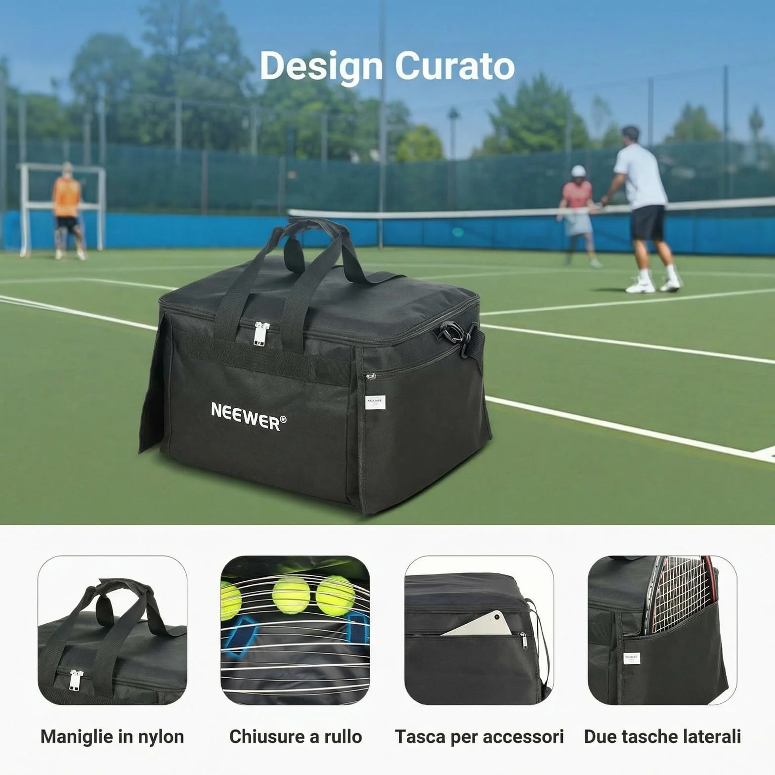 NEEWER TB03B Borsa Porta Palline Tennis Pieghevole in Poliestere con Tasche Laterali, Max 120 Palline