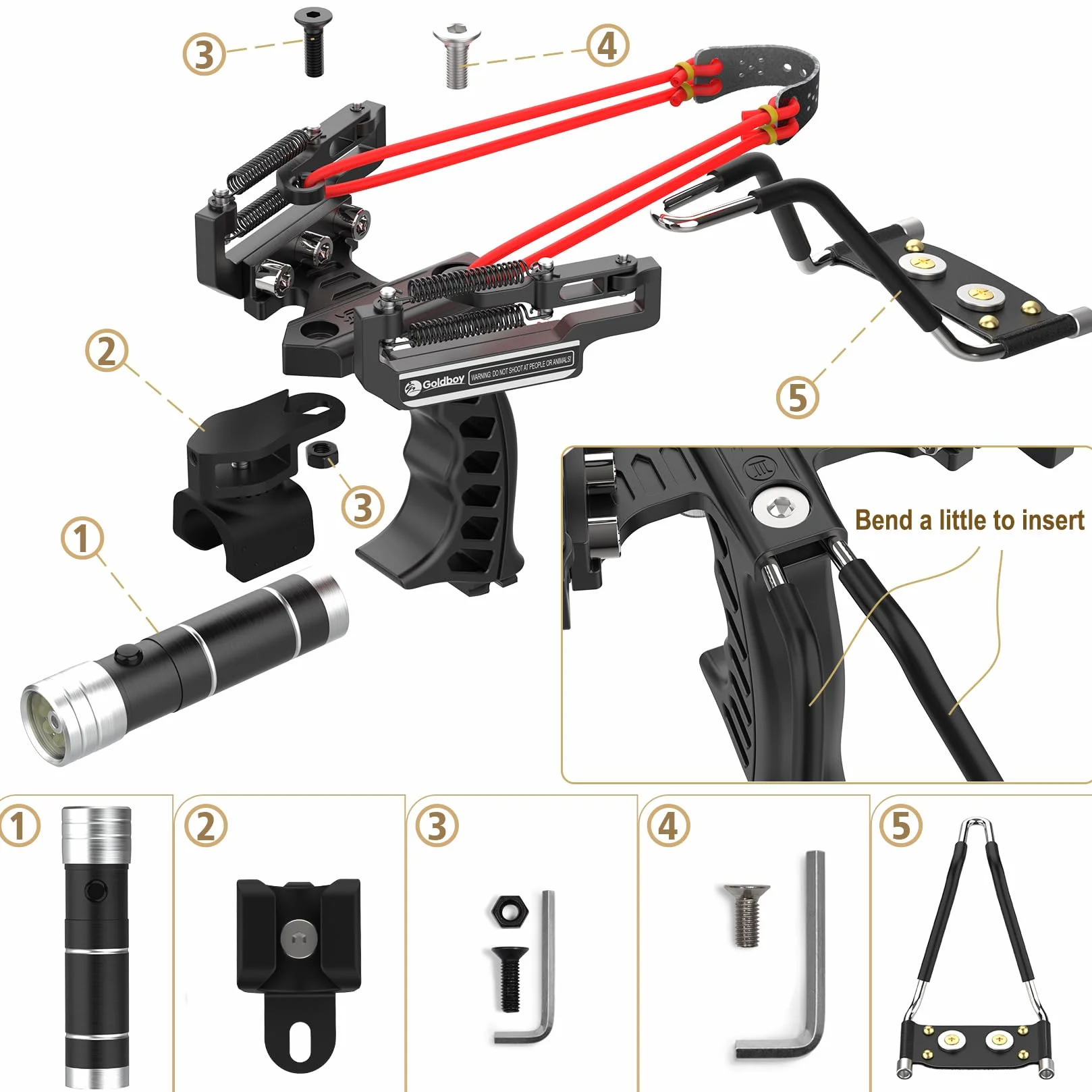 Goldboy Slingshot with Red Beam Sight, Wrist Rocket with Flashlight, Hunting Slingshot 4 Rubber Bands 220 Ammo Adults Black