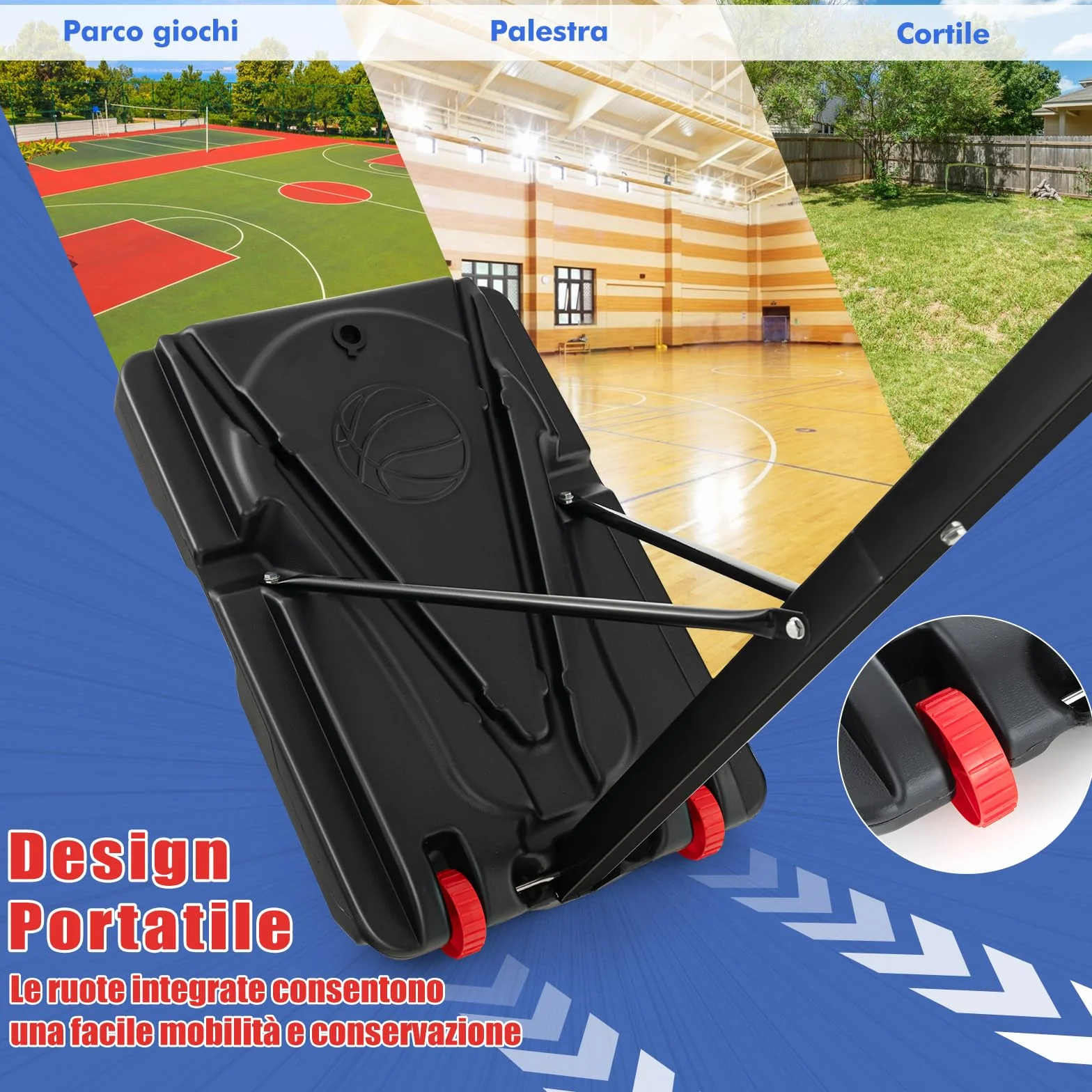 COSWAY Canestro da Basket Esterno Portatile Regolabile 10 Livelli Tabellone 82cm Base Riempibile 2 Ruote Borsa Pallone Pompa