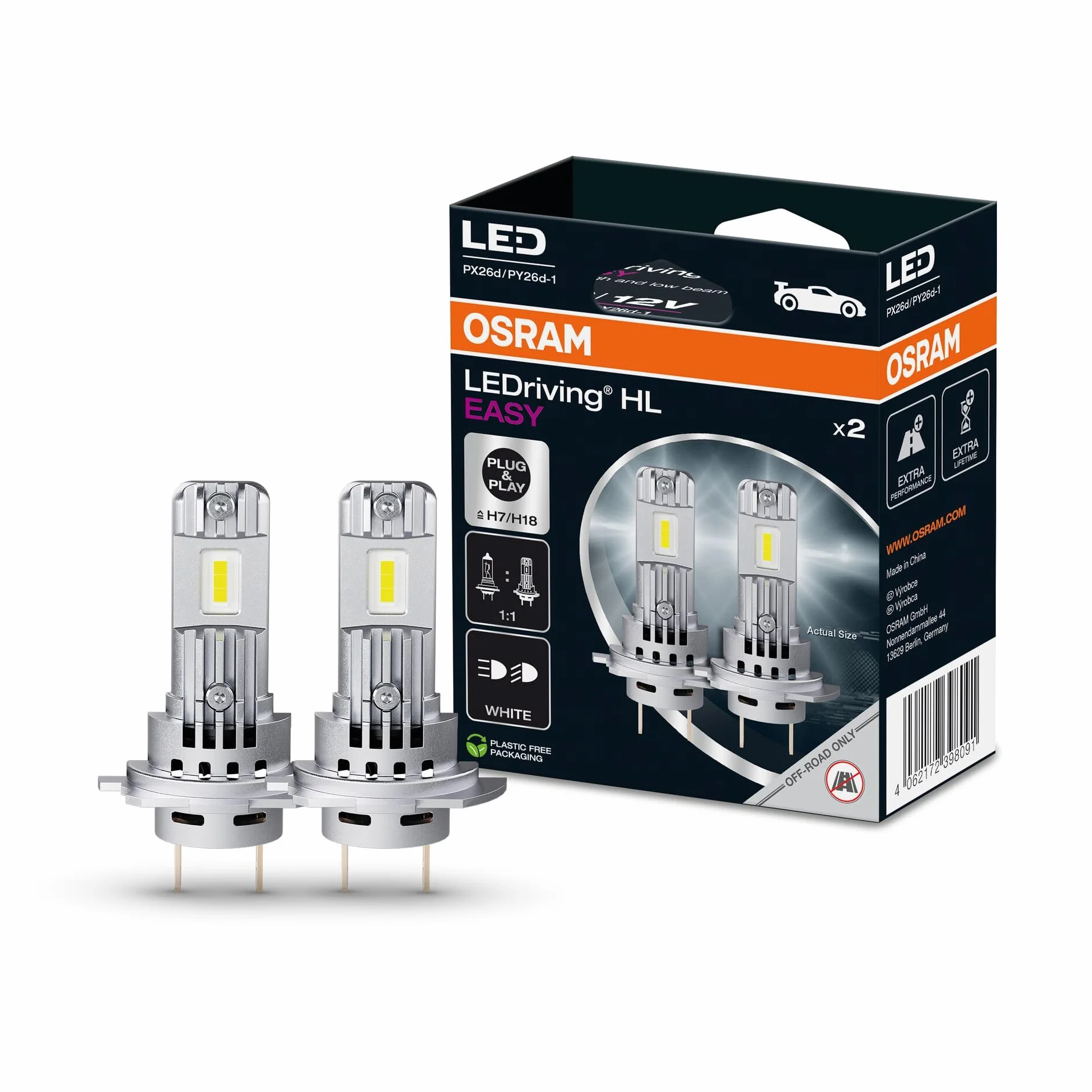 OSRAM LEDriving HL EASY ≜ H7/H18, lampada LED abbaglianti e anabbaglianti, bianco 6500K, nessun accessorio necessario, solo per uso fuoristrada - no ECE, 2 lampade