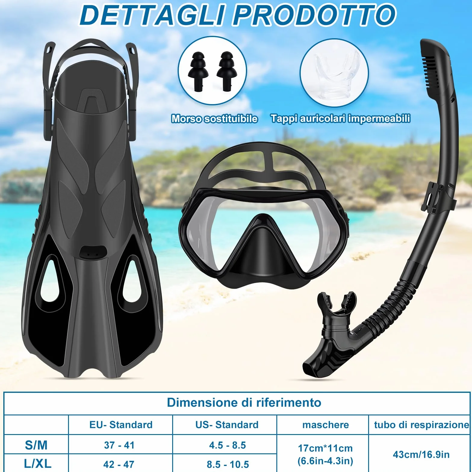 IEEILULU Set da Snorkeling per Adulti, Set di Boccaglio con Maschera Subacquea, Snorkel Semi Asciutto e Pinne Regolabili, Set da Immersione per Adulti Snorkeling Avventura Subacquea