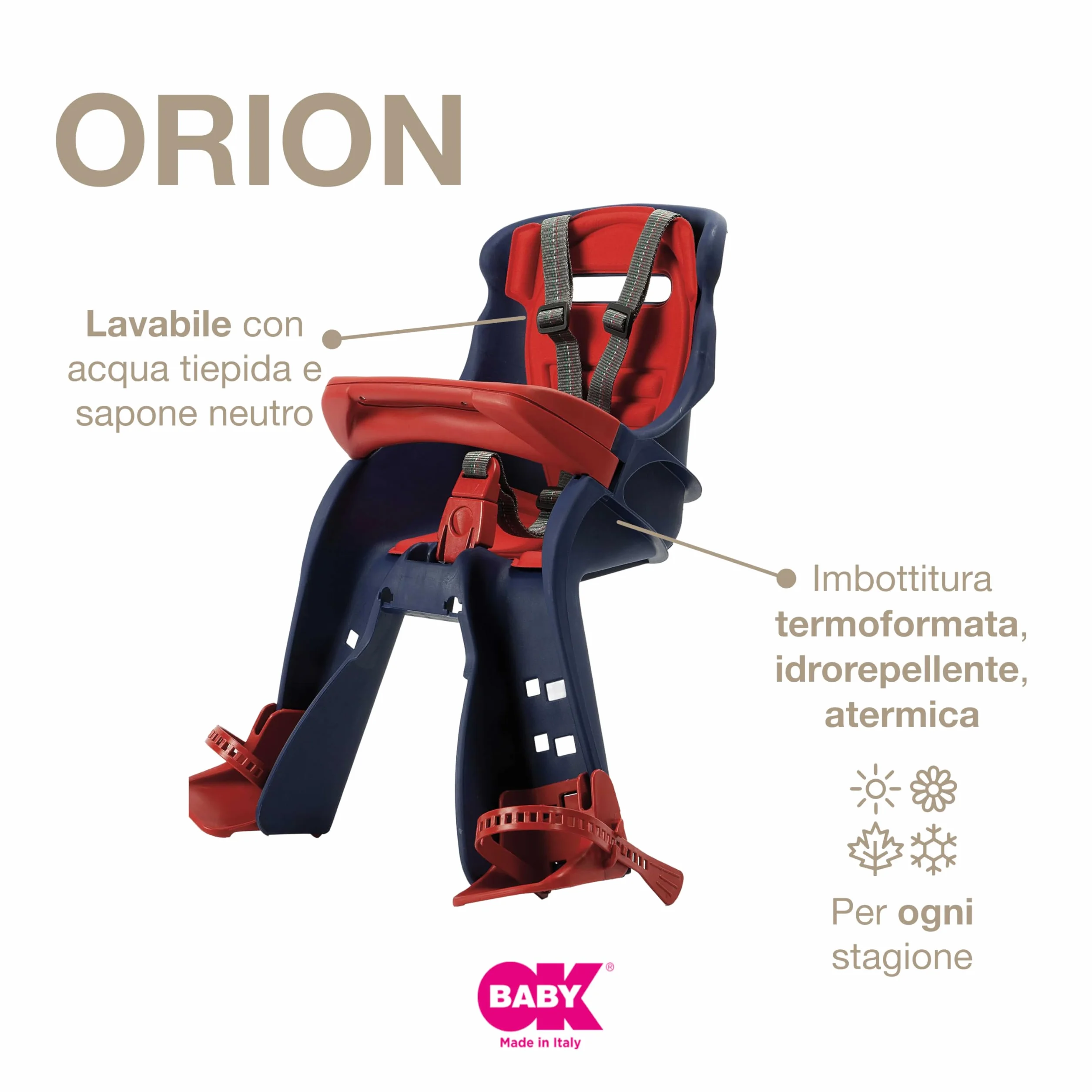 OKBABY Orion Seggiolino Anteriore per Bambini Sicurezza Bicicletta 15 kg Compatibile Elettriche Blu Rosso 54x45x33 cm