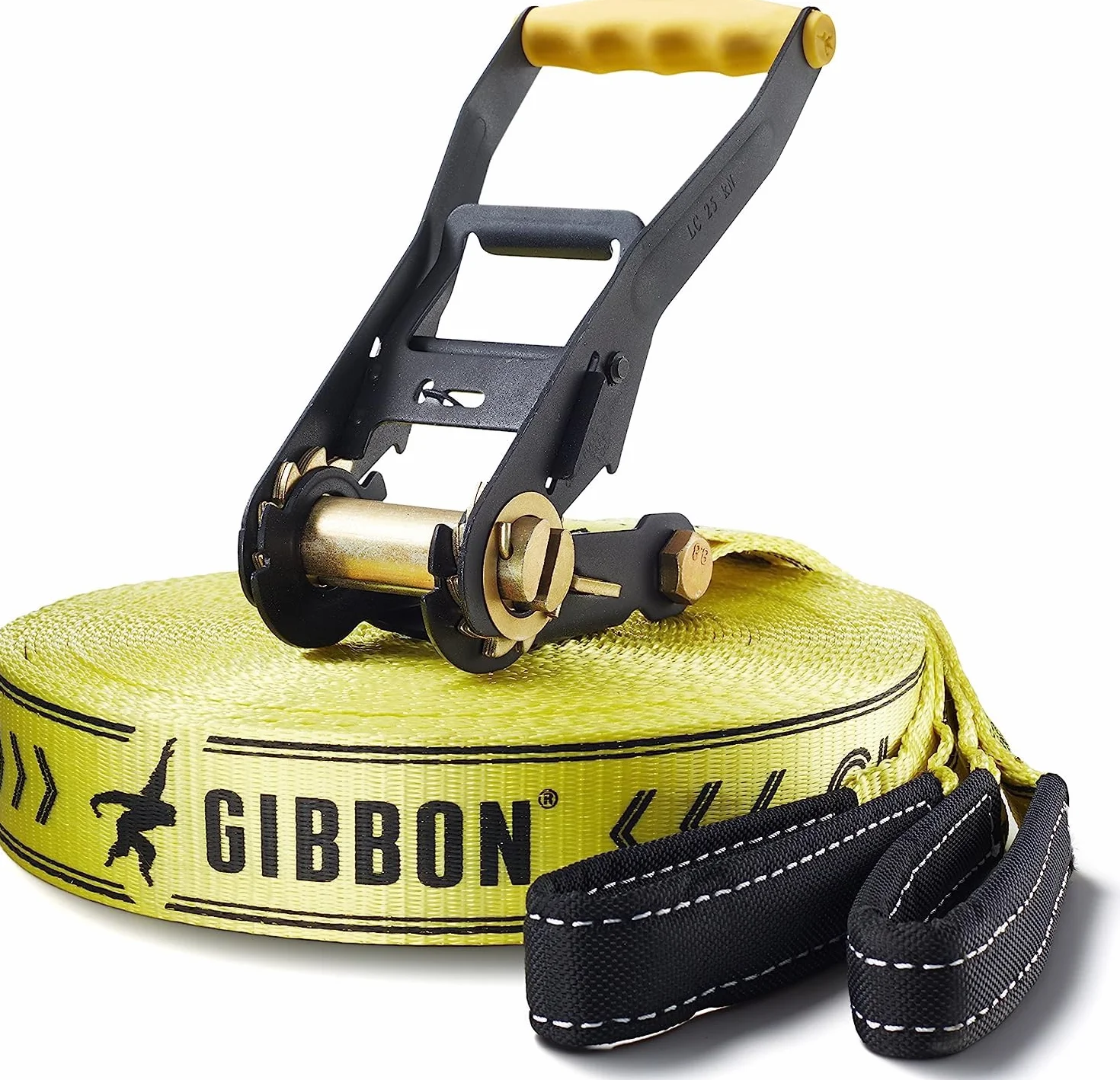 Gibbon Slacklines Classic Line 25m (22,5m slackline + 2,5m fettuccia) cricchetto protezione blocco sicurezza larghezza 5 cm
