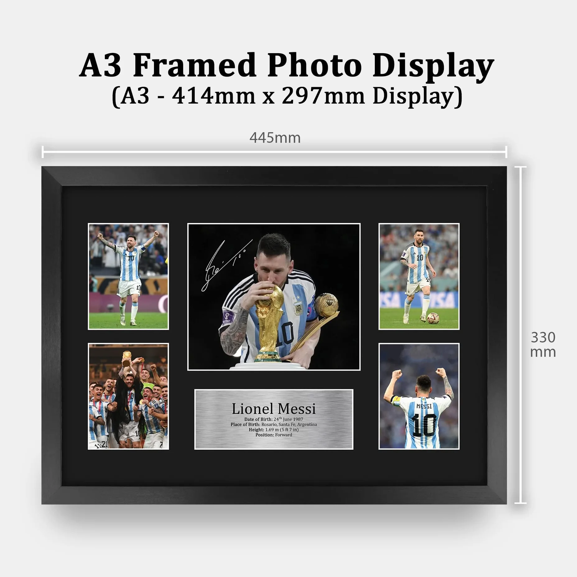 Quadretto con foto e autografo di Lionel Messi dell'Argentina formato A3 con cornice