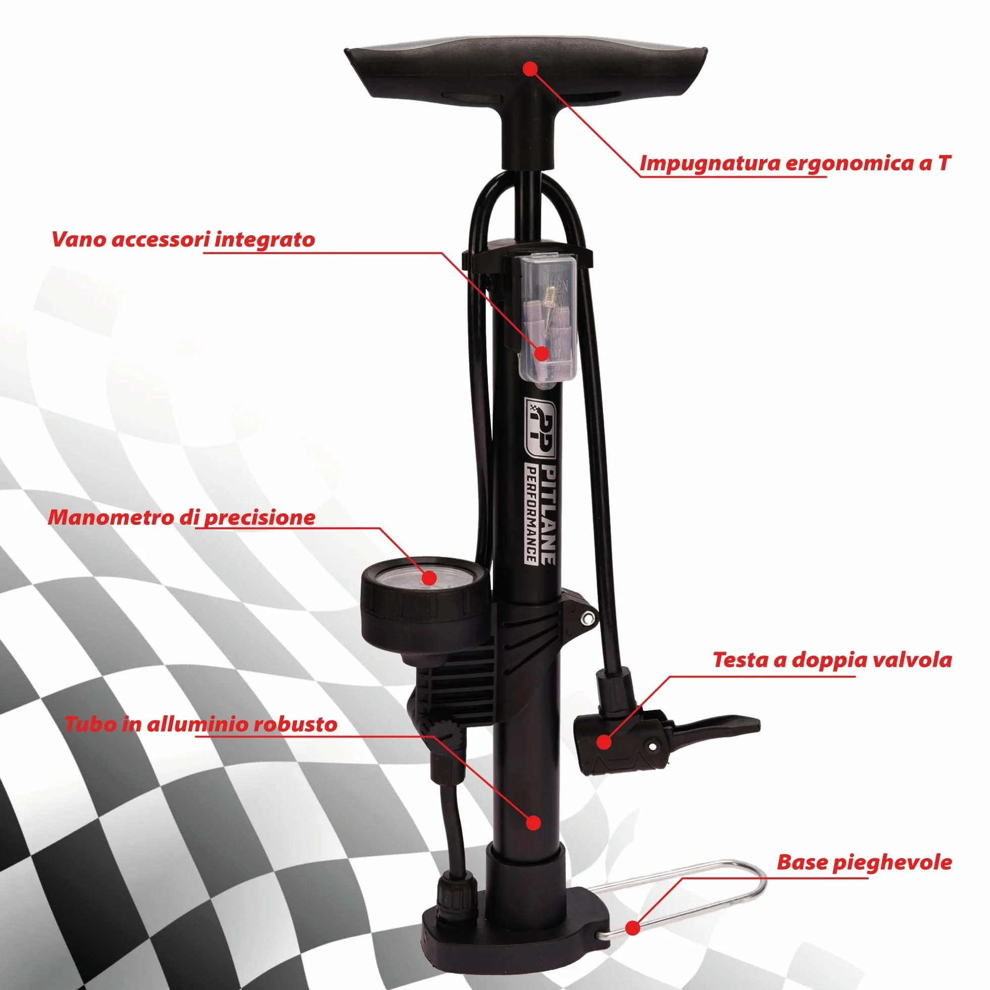 Pompa a pedale con manometro 42 cm 11 bar per valvole Schrader Presta Dunlop