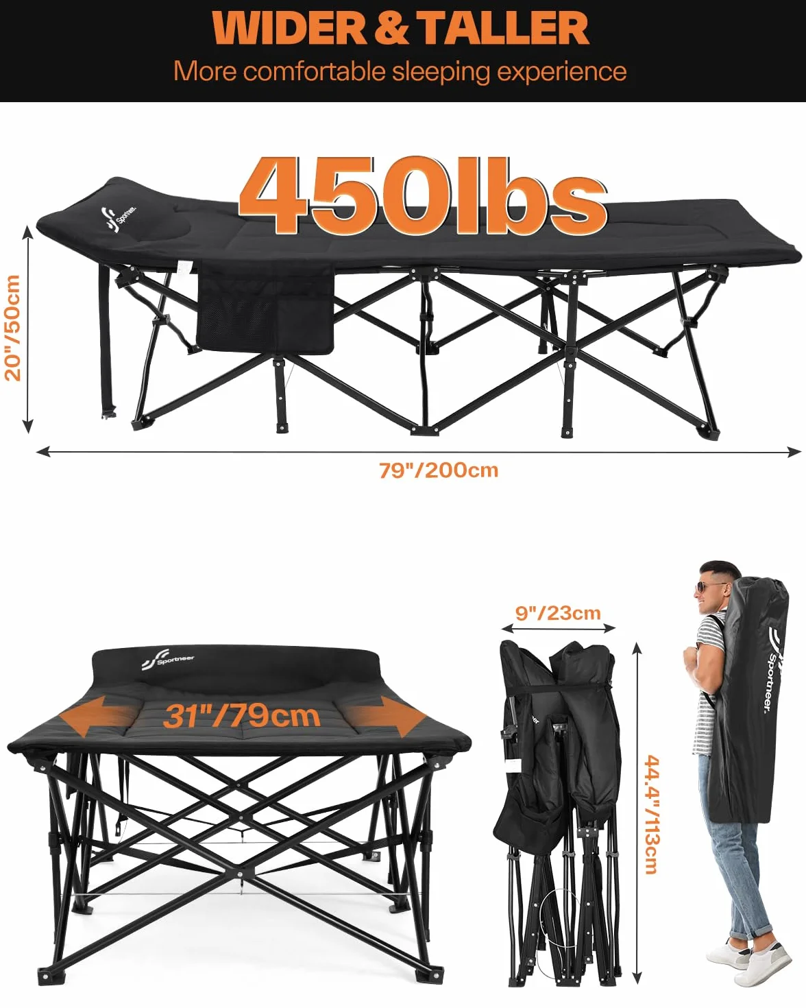 Sportneer Lettino da Campeggio Pieghevole per Adulti 69cm/79cm con Cuscino 204,1 kg