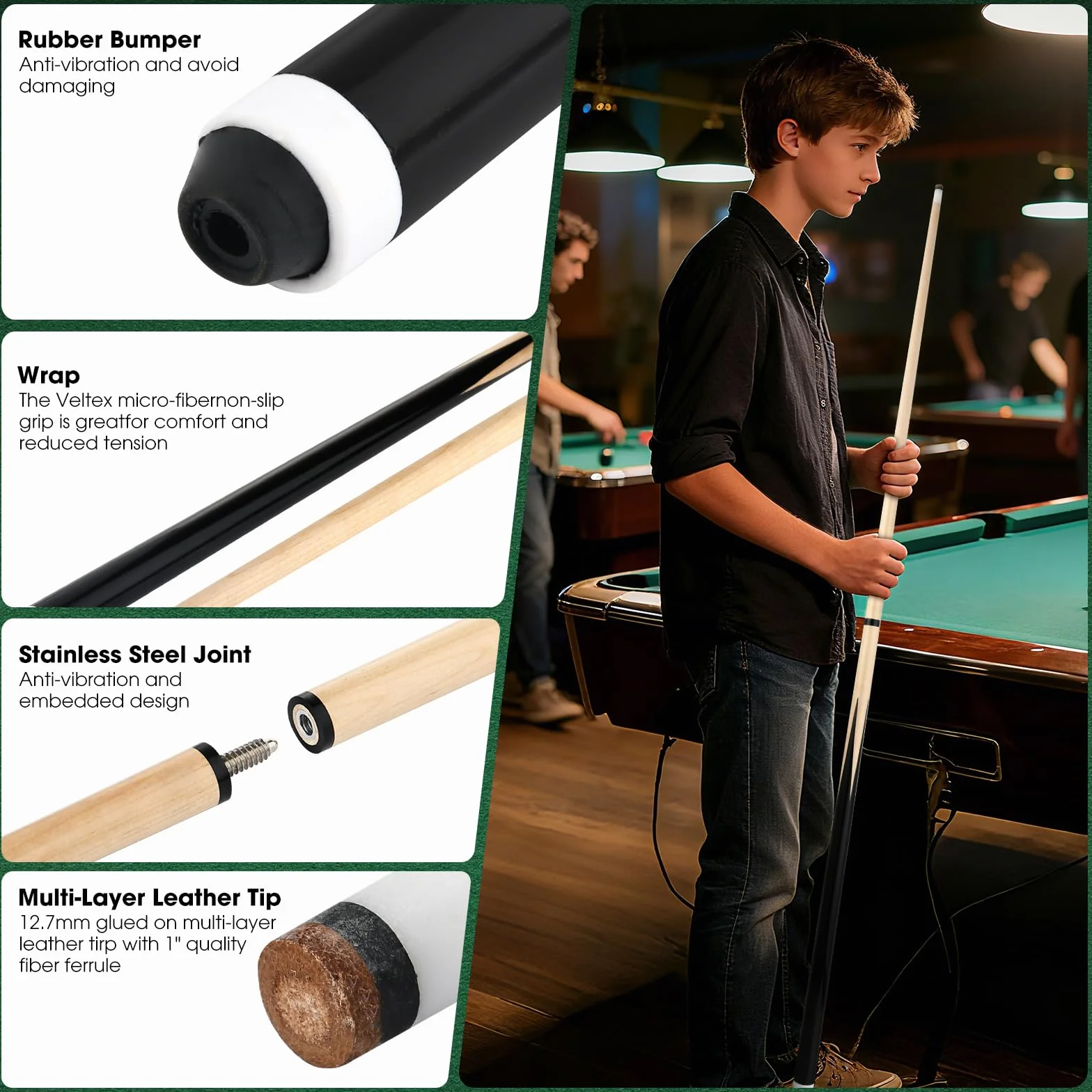 Set di 2 Stecche da Biliardo in 2 Pezzi 58' Legno Duro di Acero Canadese Punta 13 mm 18 Oz