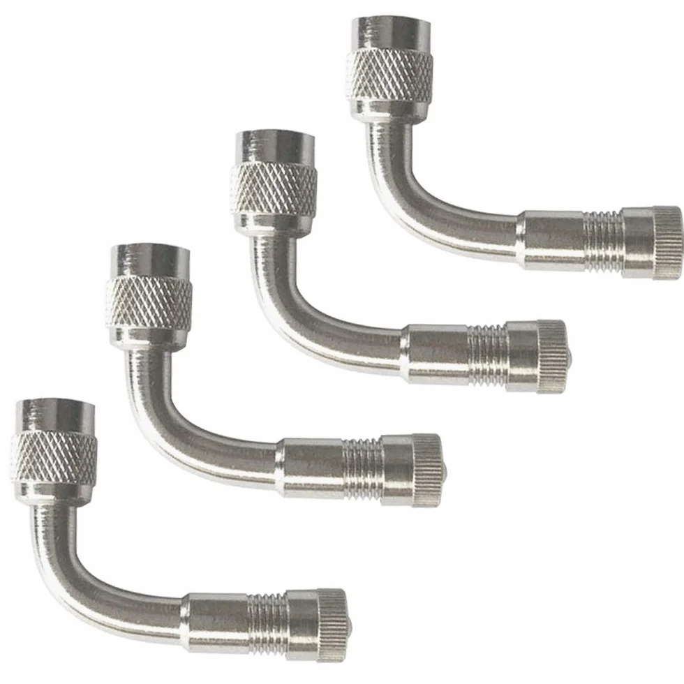 4Pcs Professionale 90 Gradi Pneumatico Valvola Estensione Adattatore, Rame Nichelato Pneumatico Stelo Prolunga Schrader Valvola Adattatore, con Tappo Antipolvere (Argento)