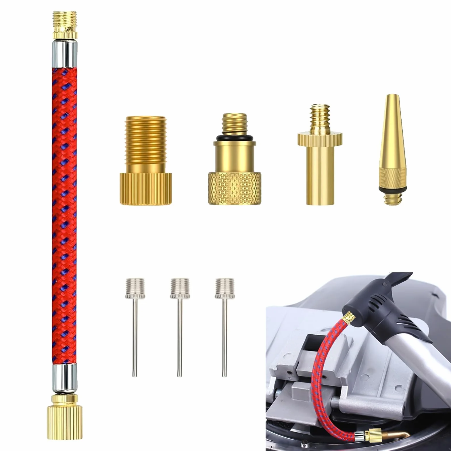 Adattatore Valvola Presta Universale 8 Pezzi per Palloni Auto Bici Gonfiaggio SV DV AV Prolunga Tubo Aghi Compressori Aria