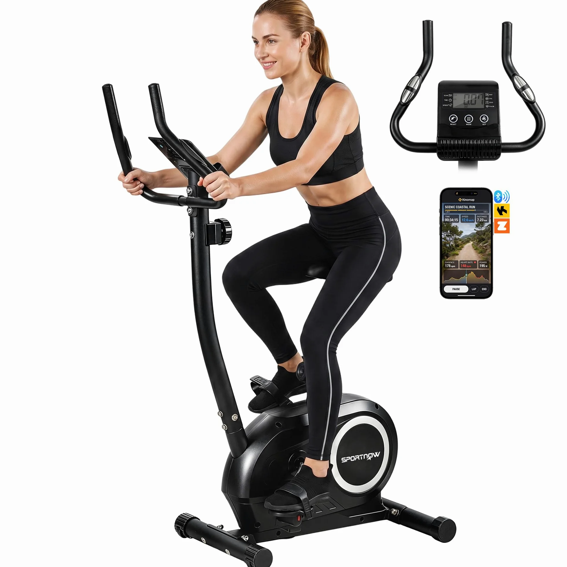 SPORTNOW Cyclette da Casa con 8 Livelli di Resistenza Magnetica, Cyclette da Camera con Bluetooth App, Sedile Regolabile, Schermo LCD, Sensore Cardiaca, Portatelefono, Bici da Casa Allenamento Fitness