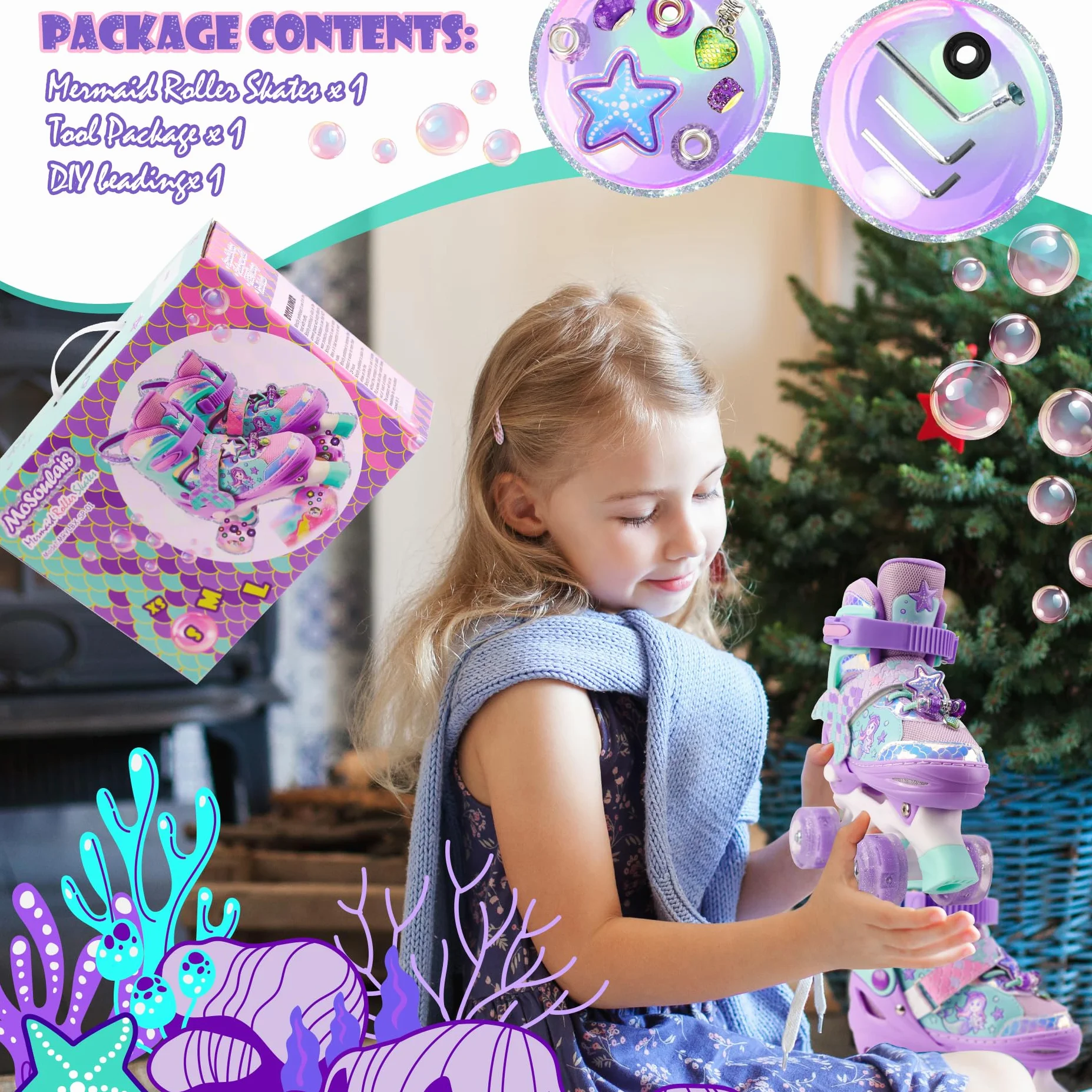 Sirenetta Pattini a Rotelle Bambina Pattini Bambina Pattini 4 Ruote Regolabili con Tutte LED Ruote Luminose per Principianti Ragazza Bambina Regali di Natale e Compleanno