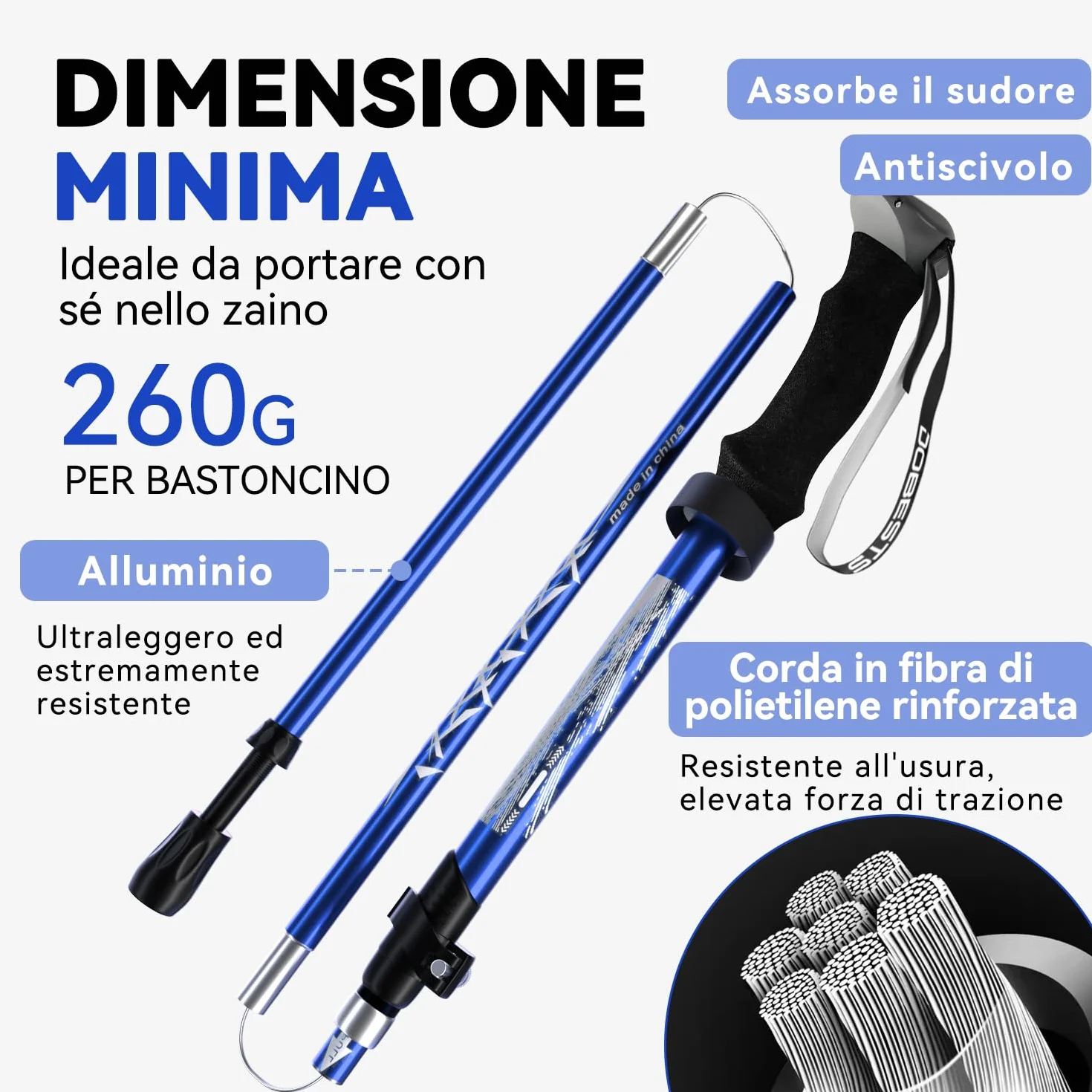 Bastoni da Trekking Pieghevoli Nordic Walking in Alluminio e Carbonio Regolabili 110-130 cm