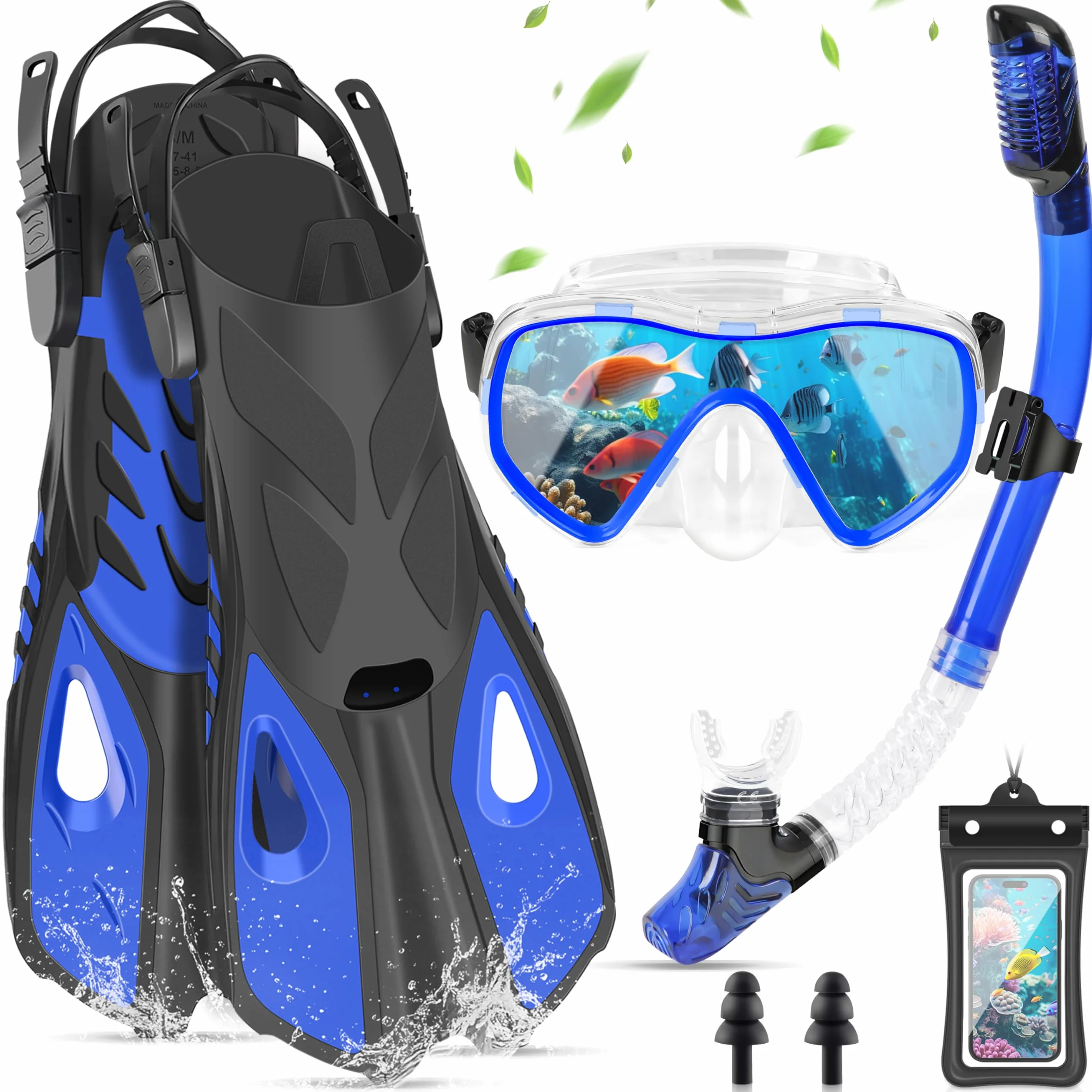 IEEILULU Set da Snorkeling 7 Pezzi per Adulti con Occhiali Antiappannante, Boccaglio e Pinne Regolabili