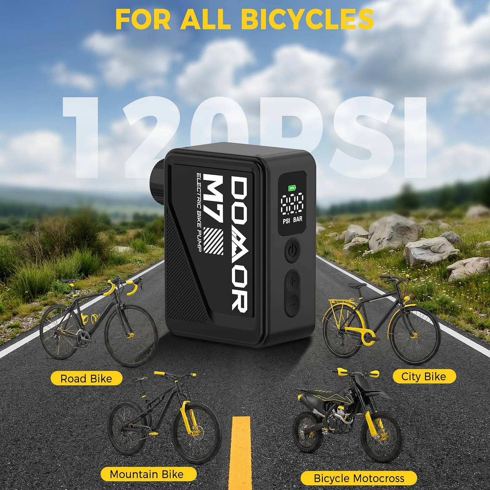 Pompa Elettrica per Bici 120 PSI Portatile con Manometro Digitale per Valvole Presta e Schrader