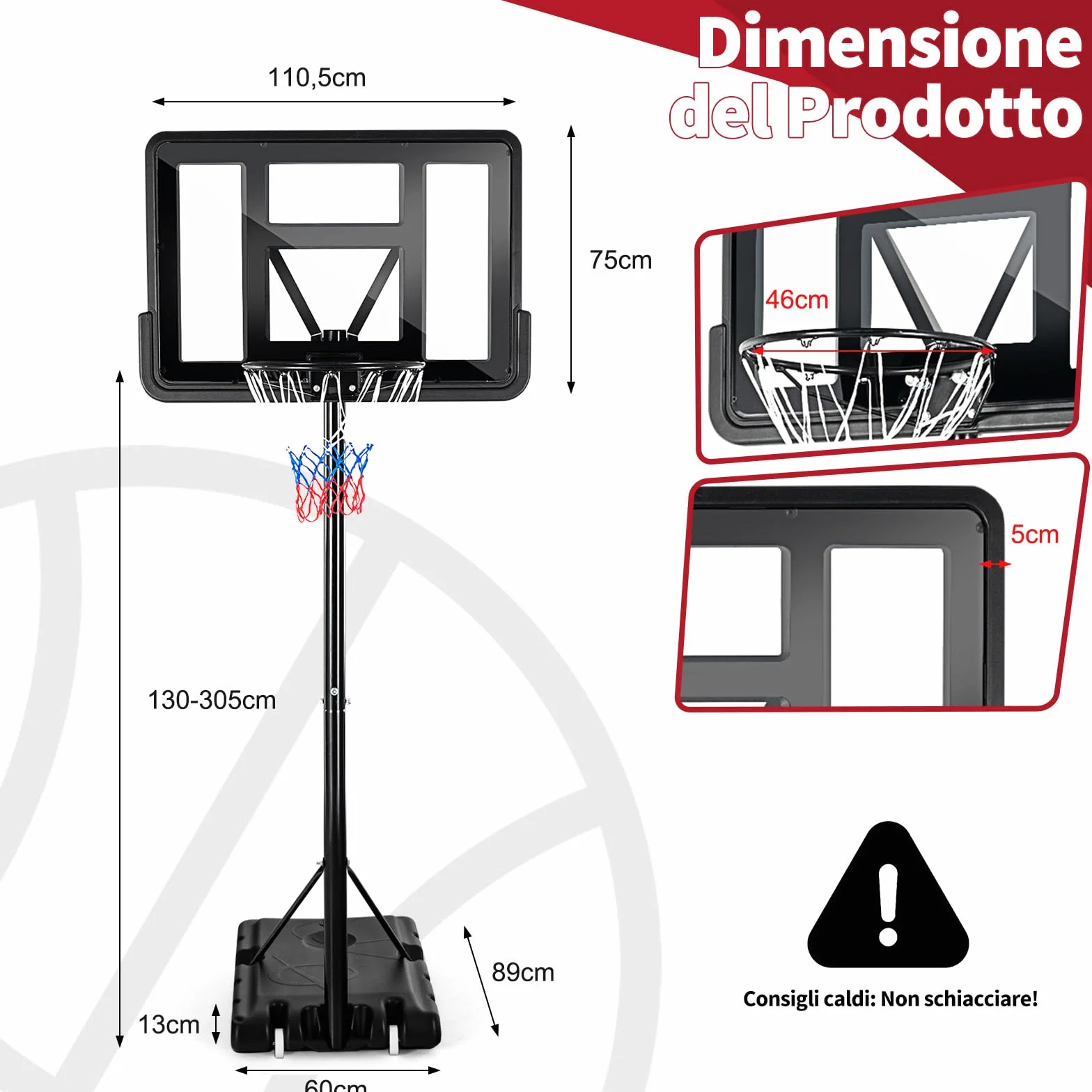 COSTWAY Canestro da Basket Portatile Regolabile in Altezza 1,3M-3,05M con Ruote Tabellone Infrangibile e Retina Durevole, Nero