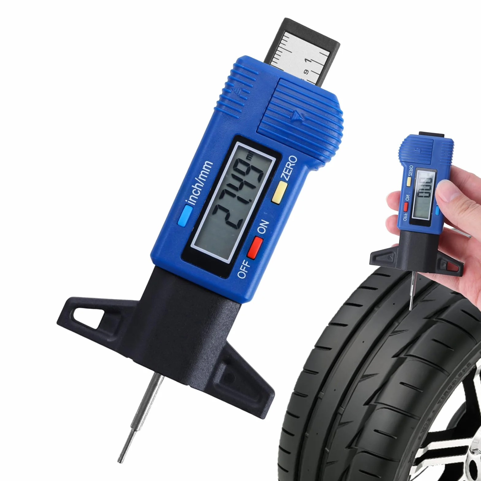 Misuratore Numerico della Profondità del Battistrada Blu 0-25,4 mm 0-1 pollice con Schermo LCD – Strumento di Misura per Camion, Auto, Furgoni e Moto