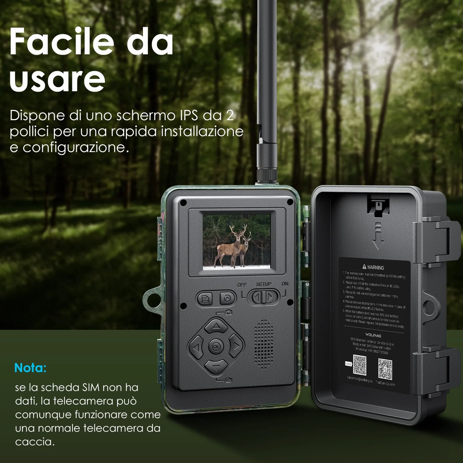 WOLFANG Fototrappola 4G con SIM 2K 48MP HD Fotocamera Caccia Infrarossi Rilevatore Movimento Visione Notturna IP66 Impermeabile